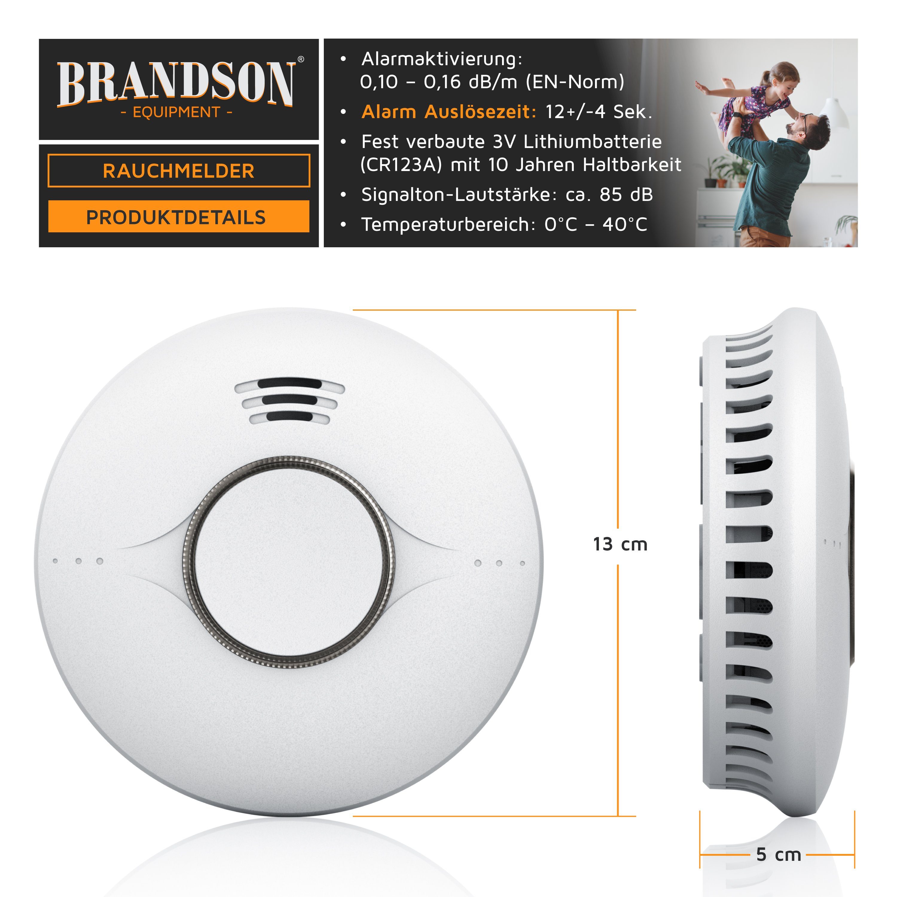 Brandson Rauchmelder (10 Jahre Batterie, 85 dBA, LED Indikator, N14604:2005/AC: 2008 konform)