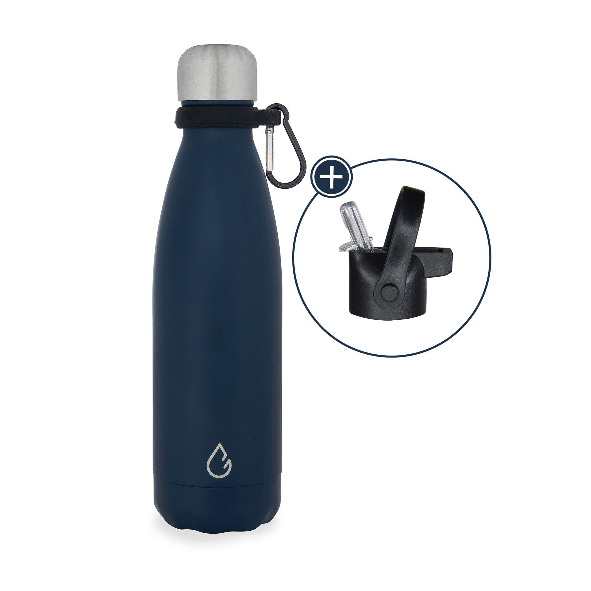 Wattamula Design Öko Edelstahl 500-ml-Wasserflasche mit Extraverschluss und Tragekarabiner