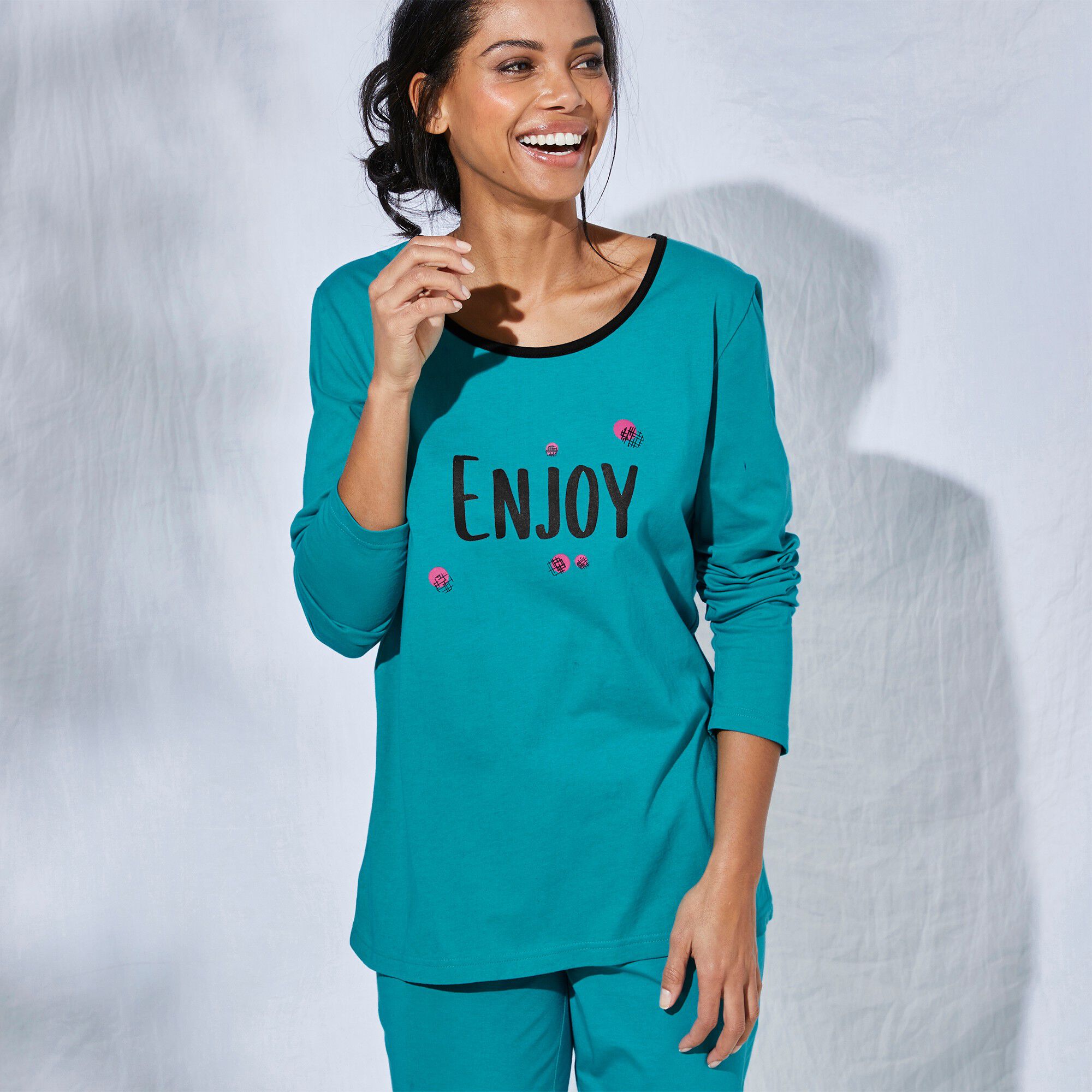 Tee-shirt manches longues coton uni imprimé placé 