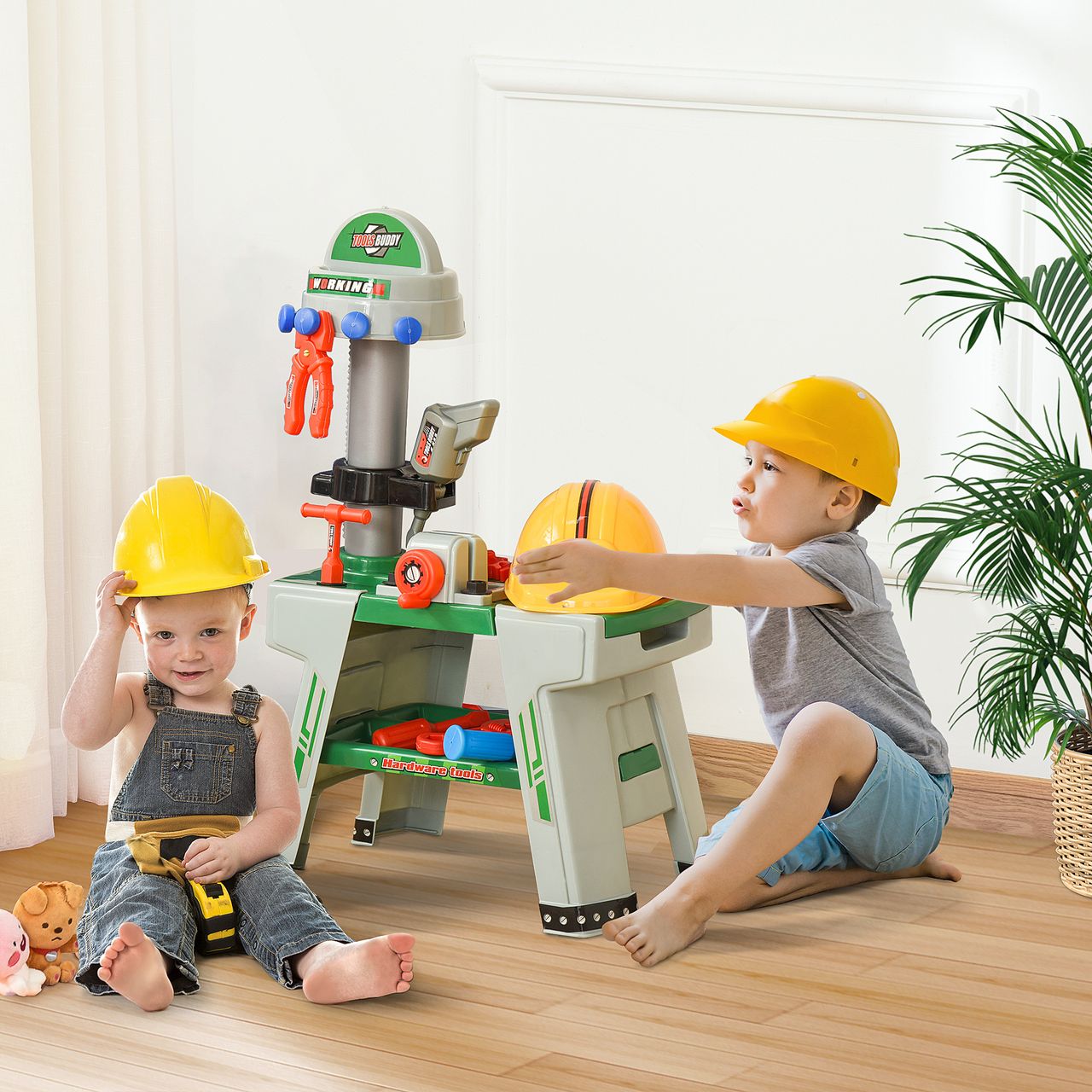 HOMCOM Kinder Werkbank Arbeitstisch Werkbanktisch mit 37 Zubehören Rollenspiel Spielzeug für Kinder von 3 bis 6 Jahren PP-kunststoff Grün Grau 44 x 26 x 71 cm