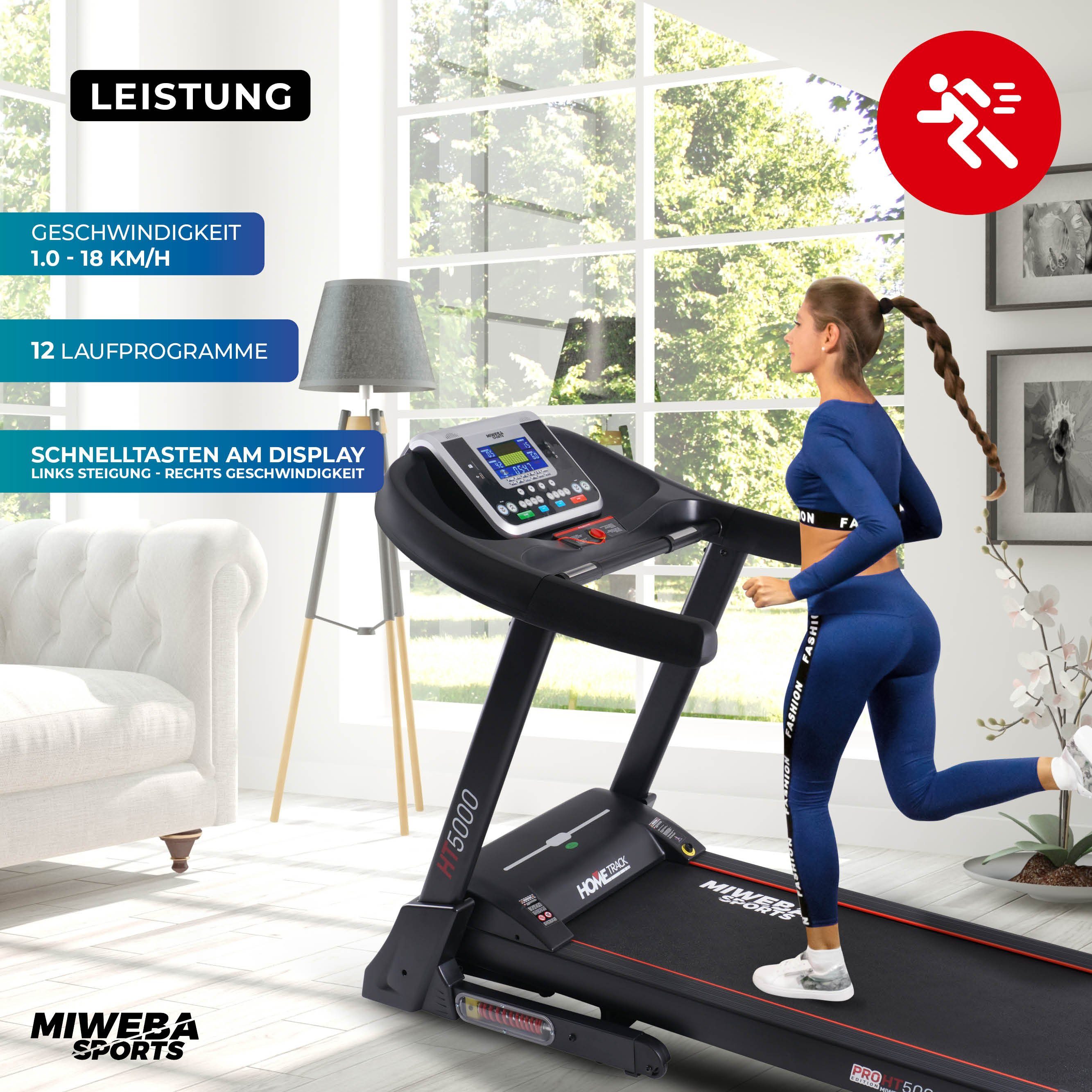 Miweba Sports Laufband Fitnessgerät Heimtrainer HT5000 klappbar - 18 km/h - 15 % Steigung (Treadmill, Trainingsgerät, Sportgerät, Speedrunner, 1-tlg., 2000 Watt, große Lauffläche, GFit-App, 12 Laufprogramme, Pulsmesser, LCD-Display, Safety-Key Klemme
