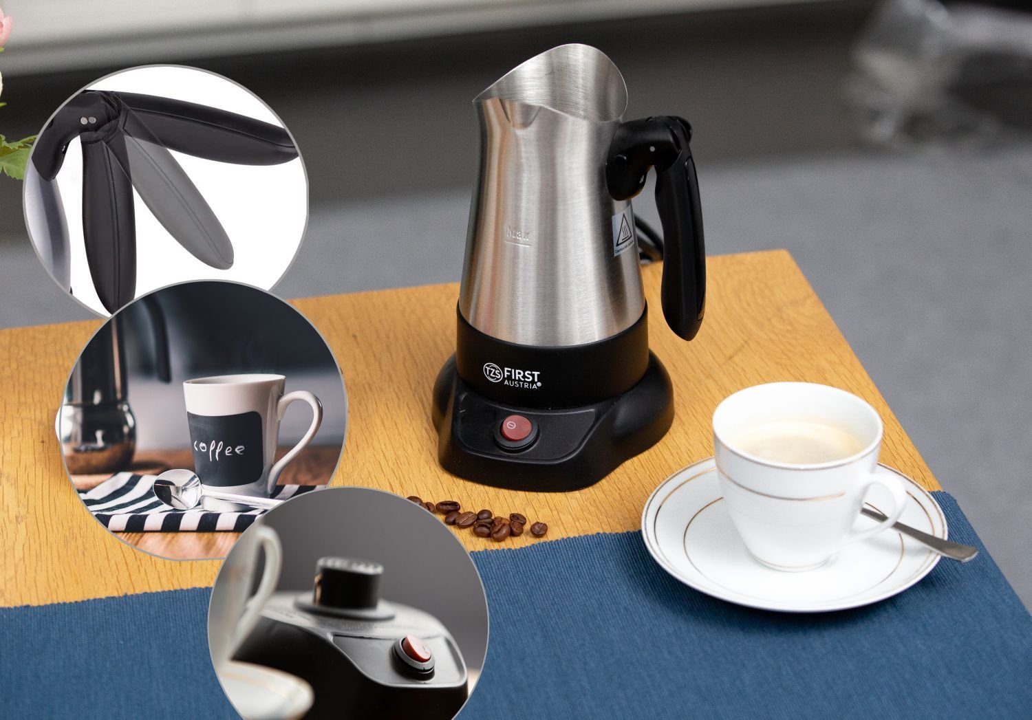 TZS FIRST AUSTRIA Kaffeebereiter Elektrischer Türkischer Kaffeekocher, mit ausklappbarem Handgriff, 350ml, 800W, Mokkakocher, Espressokocher & Wasserkocher, Edelstahl