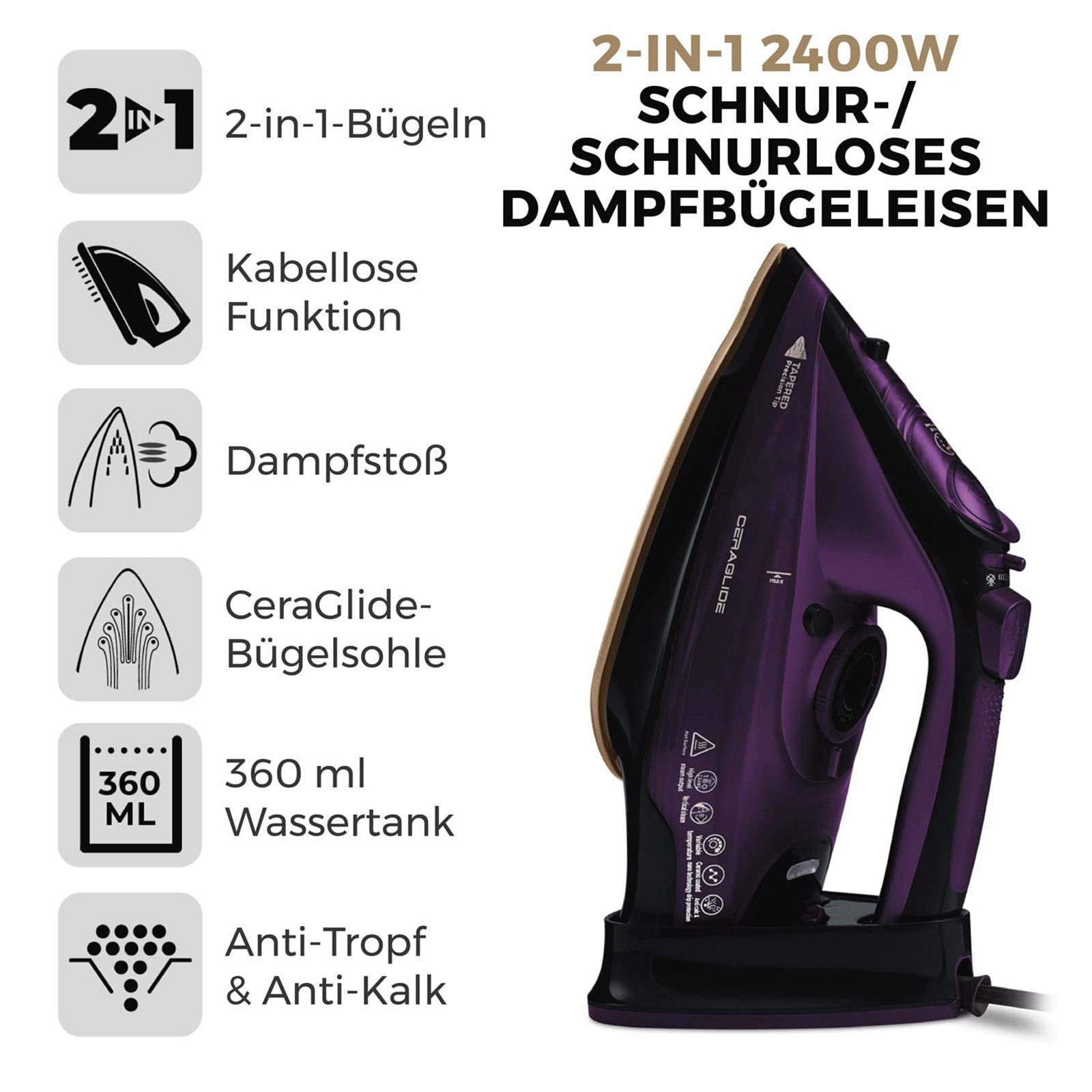Aoucheni Dampfbügeleisen AJ2085 Kabelloses Dampfbügeleisen, 2400 W