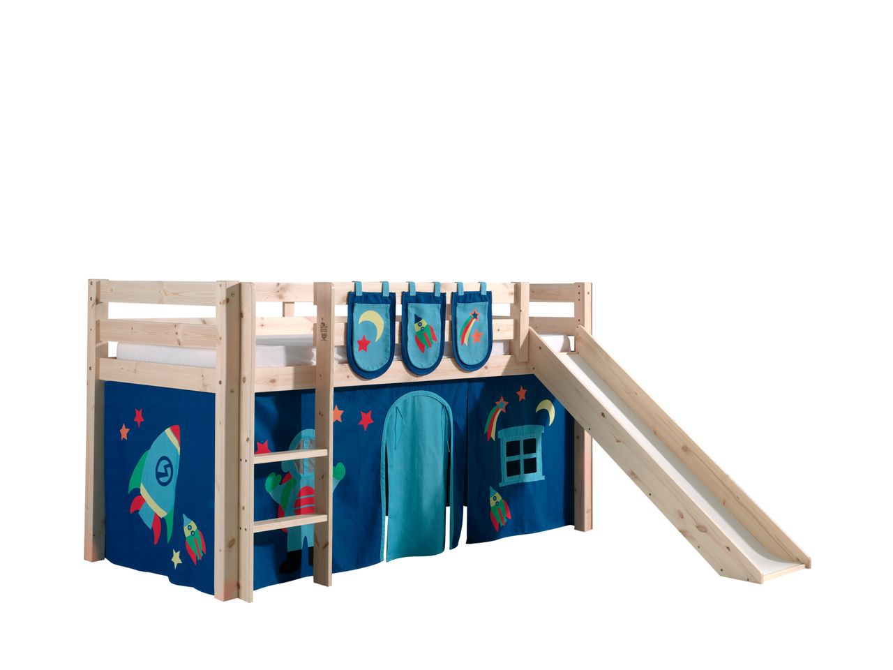 VIPACK Spielbett Pino inkl. Rutsche mit Textilset Vorhang und 3 Taschen 
