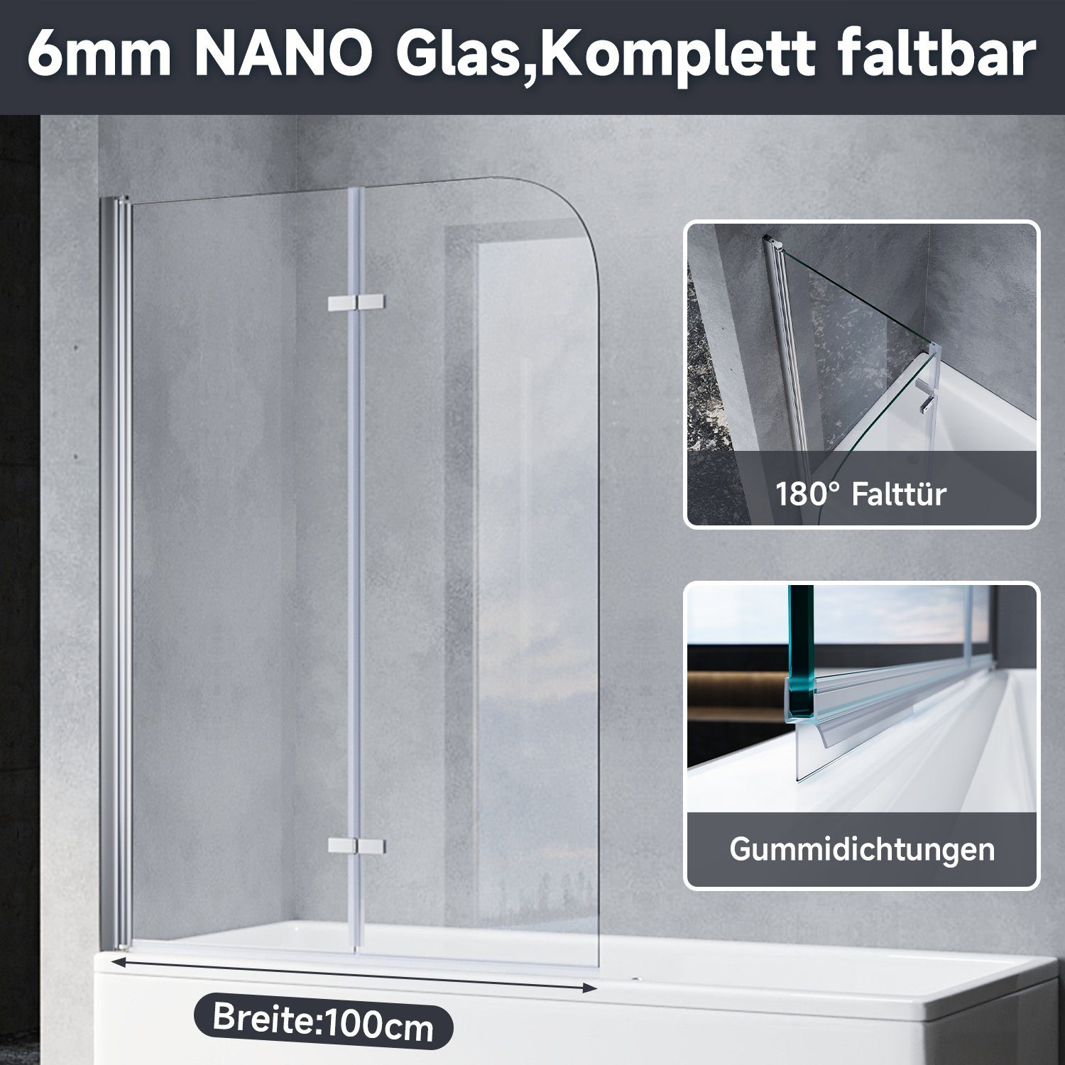 SONNI Badewannenaufsatz 2-fache Badewannenabtrennung, Nanobeschichtetes Glas, 100cmx130cm