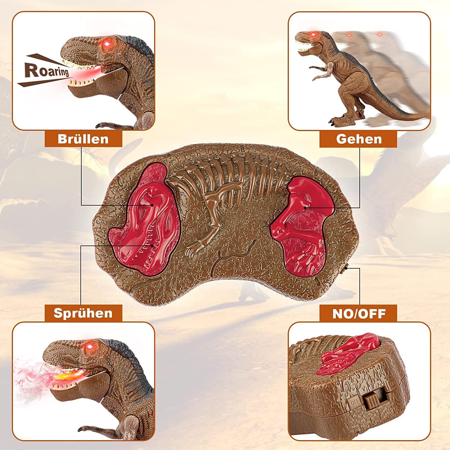 PENGBU RC Spielfigur Ferngesteuerter Dinosaurier Spielzeug ab 4 5 6 8 jahre jungen mit LED, (Set, Komplettset), Dino Roboter Kinder Spielzeug mit Gehen und roar