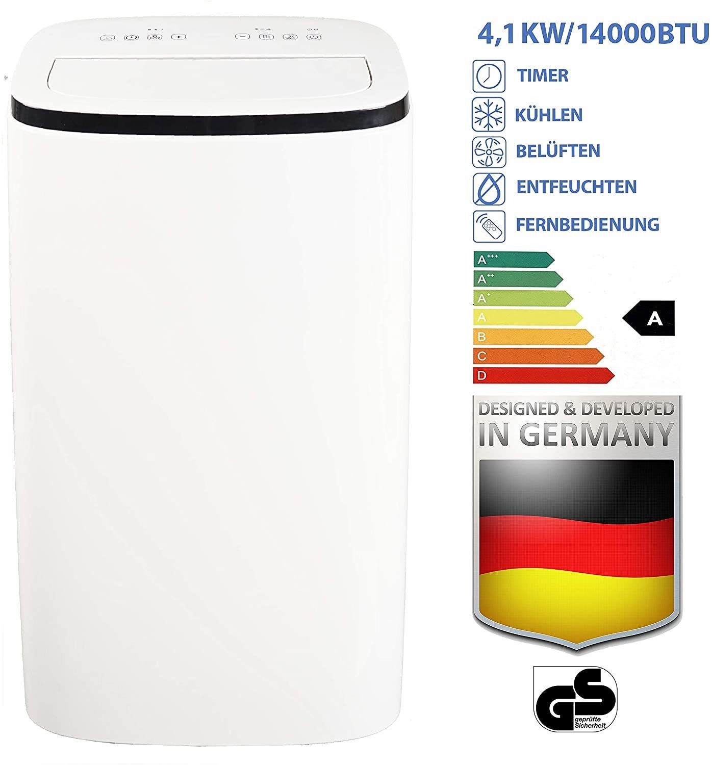JUNG 3-in-1-Klimagerät TV07 mobile Klimaanlage mit Fernbedienung 4,1 KW, mobiles Klimagerät, 14000BTU leise, Abluftschlauch, Timer Airconditioner Luftkühler Mobil