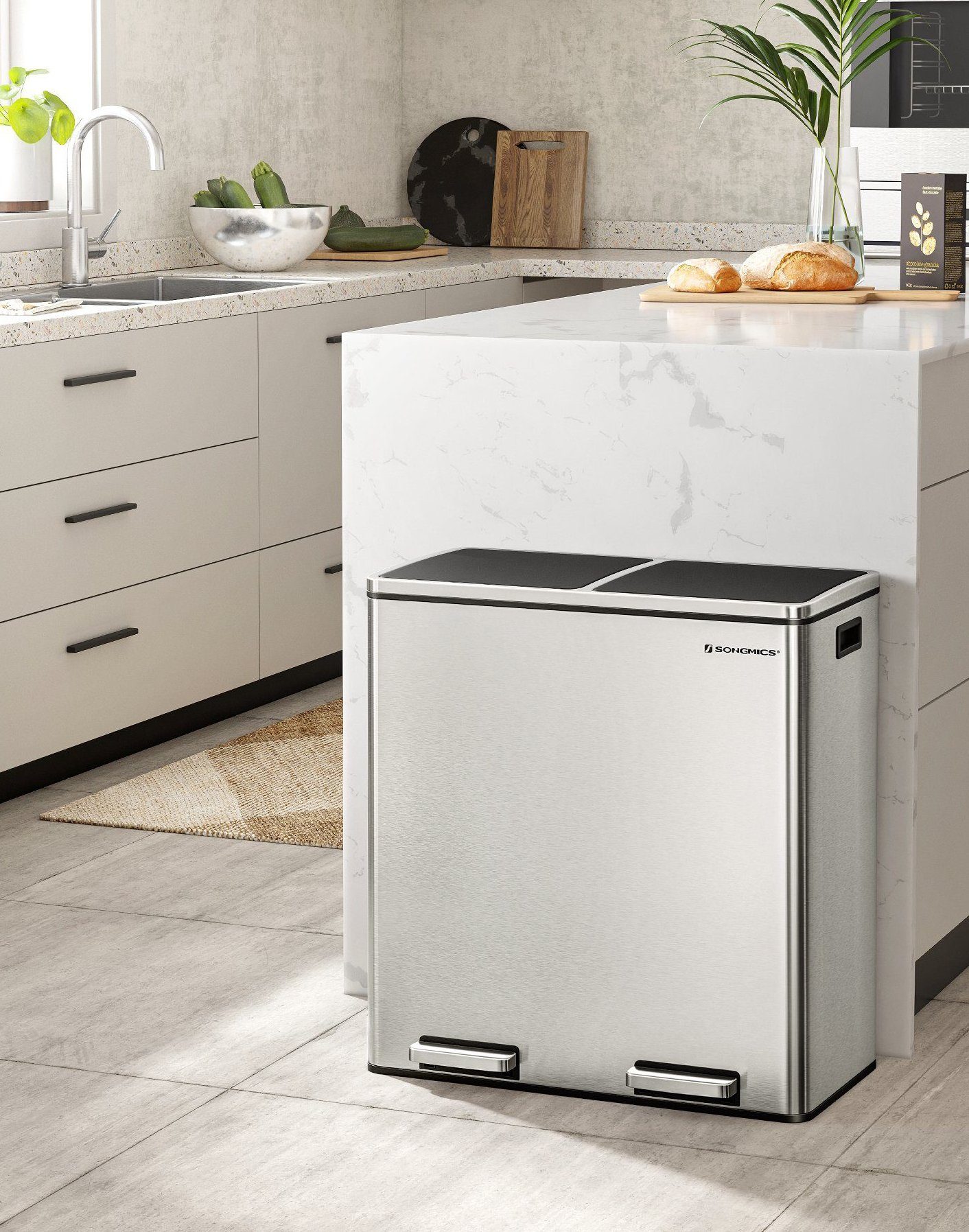 SONGMICS Mülleimer Mülltrennsystem, mit 2 Fächern, 2 x 30 L, Küche