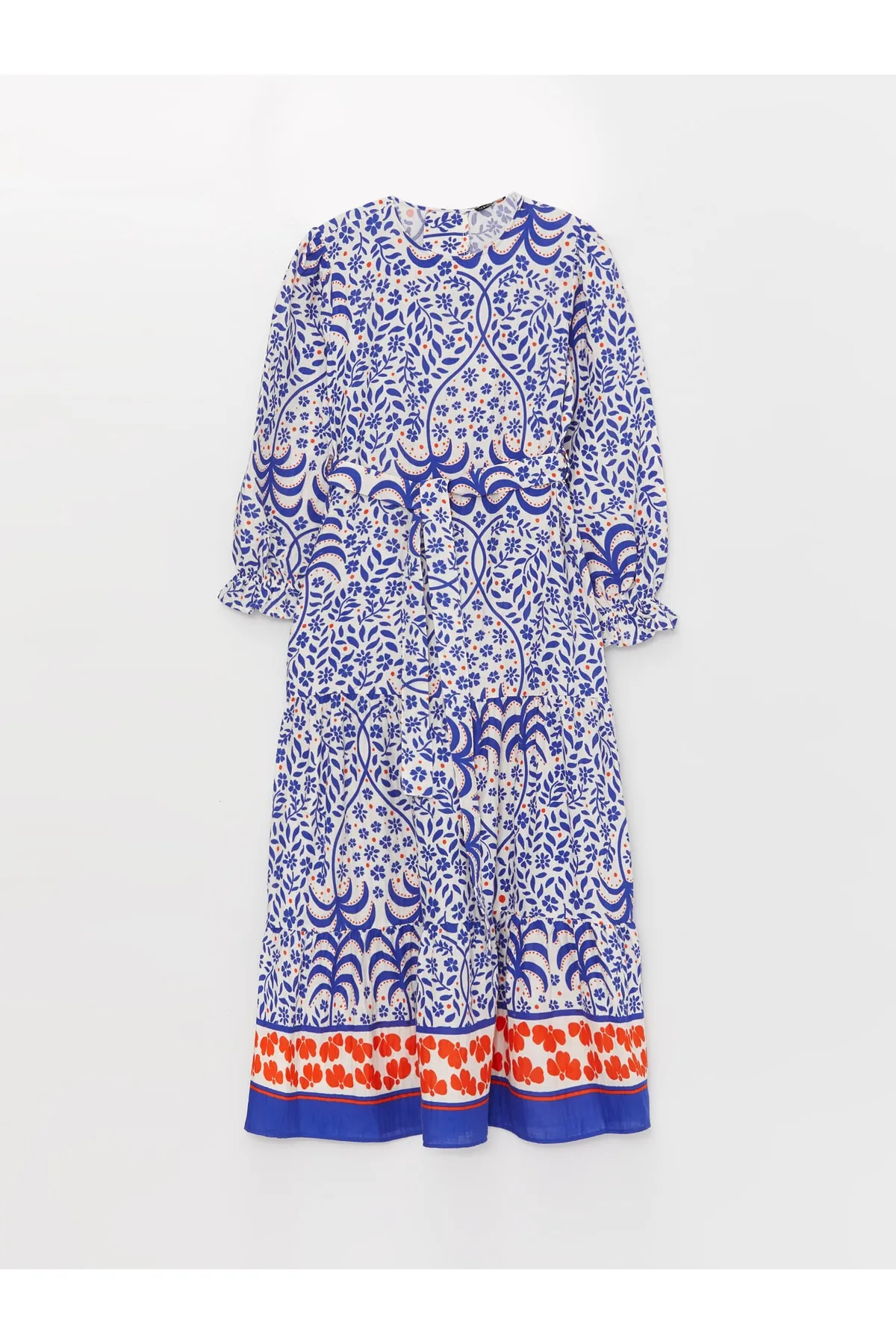 LC Waikiki  Gemustertes, langärmliges Damenkleid mit Rundhalsausschnitt