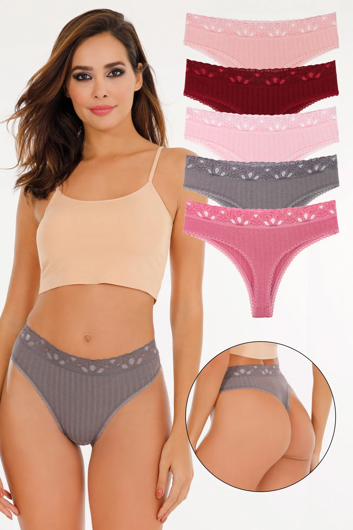 Sensu  Damen-Tangas mit gerippter Spitze und detailliertem 5er-Pack