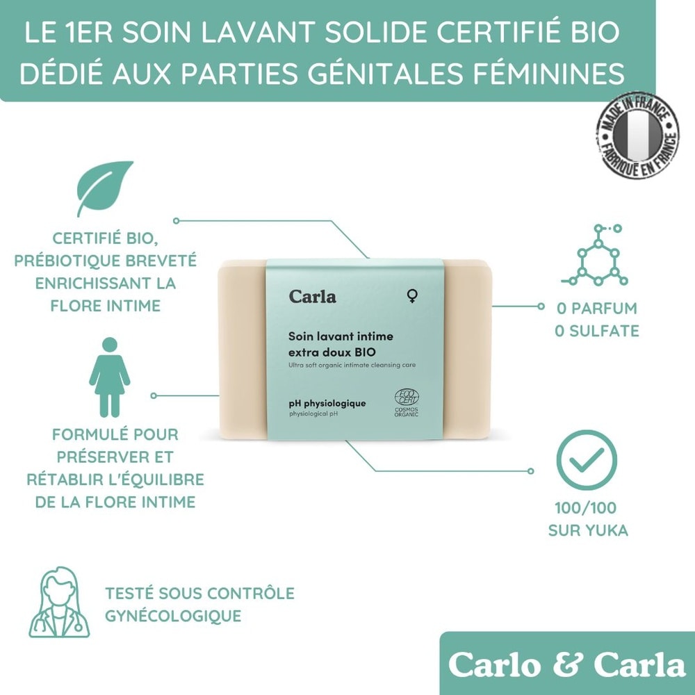 carlo & carla Soin lavant solide dédié aux parties génitales féminines certifié bio, 0 sulfate Hygiène intime féminine