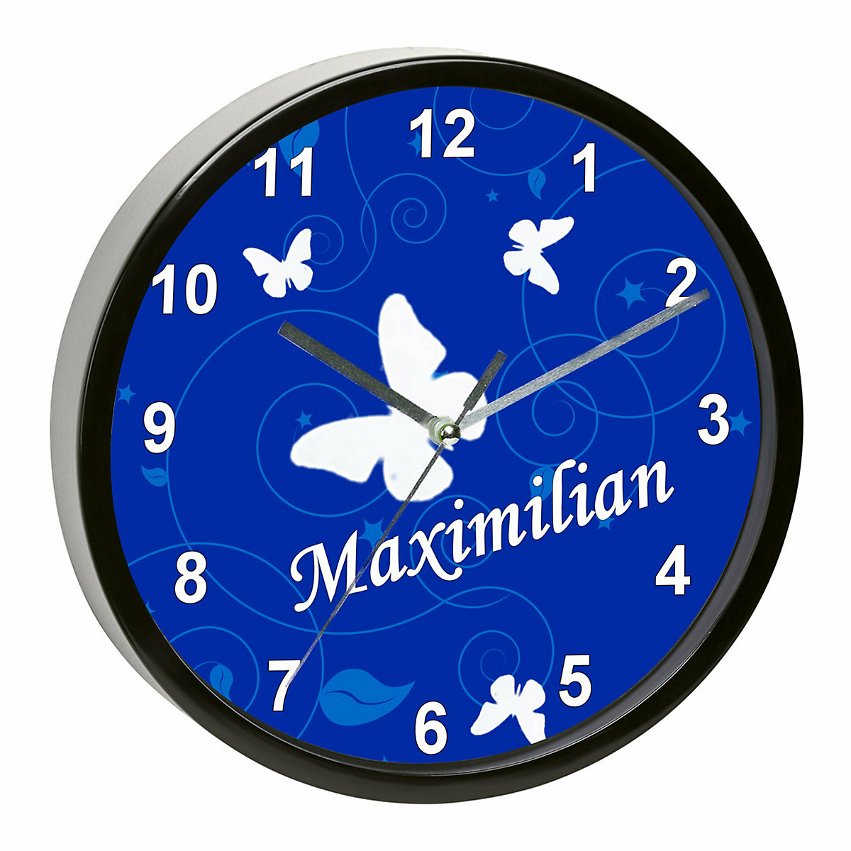 Kinder Wanduhr personalisiert mit Name Schmetterling Ornamente blau