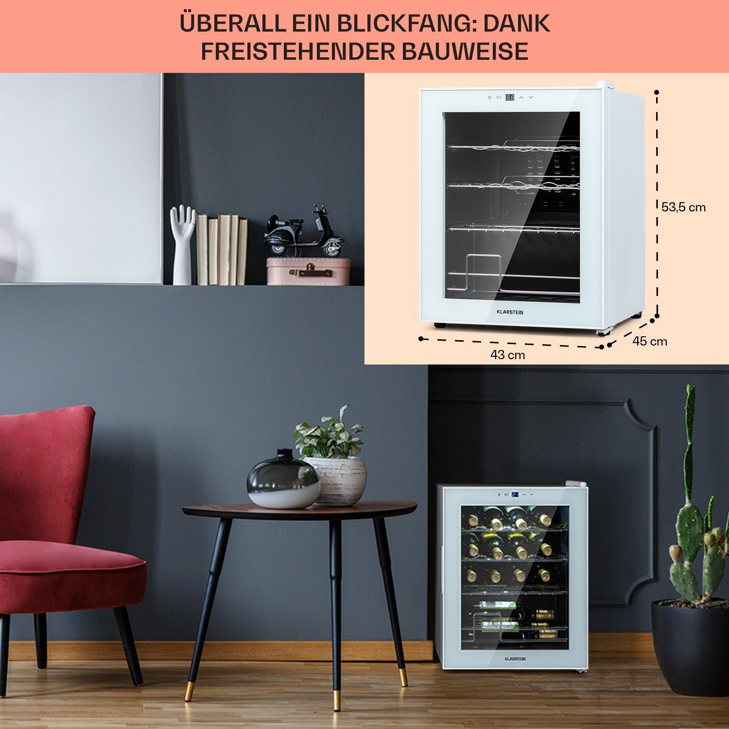 Klarstein Weinkühlschrank Shiraz 16 Quartz, für 16 Standardflaschen á 0,75l,Wein Flaschenkühlschrank Weintemperierschrank Weinschrank Kühlschrank