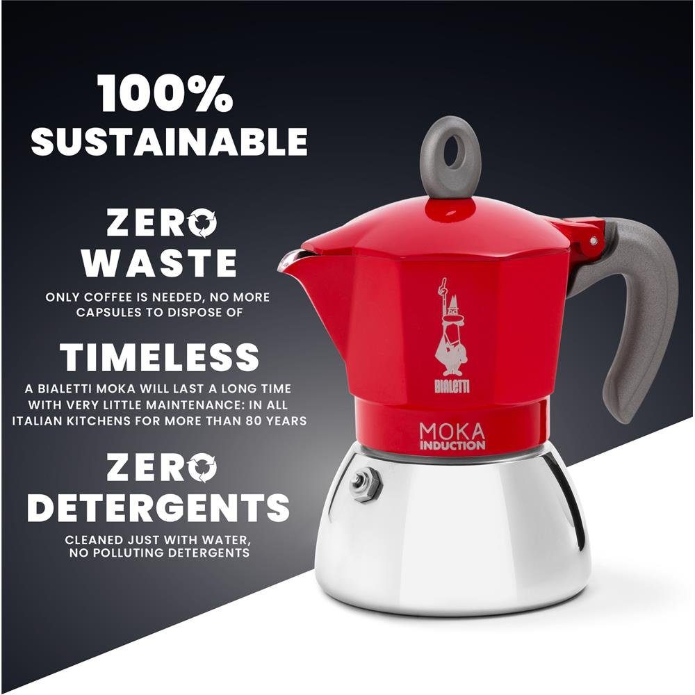 BIALETTI Espressokocher New Moka 4 Tassen, 0,15l Kaffeekanne, aus Aluminium / Stahl, für vier Tassen, Kaffeemaschine, Kaffeekocher, für Herd und Induktion geeignet, für Camping, Rot