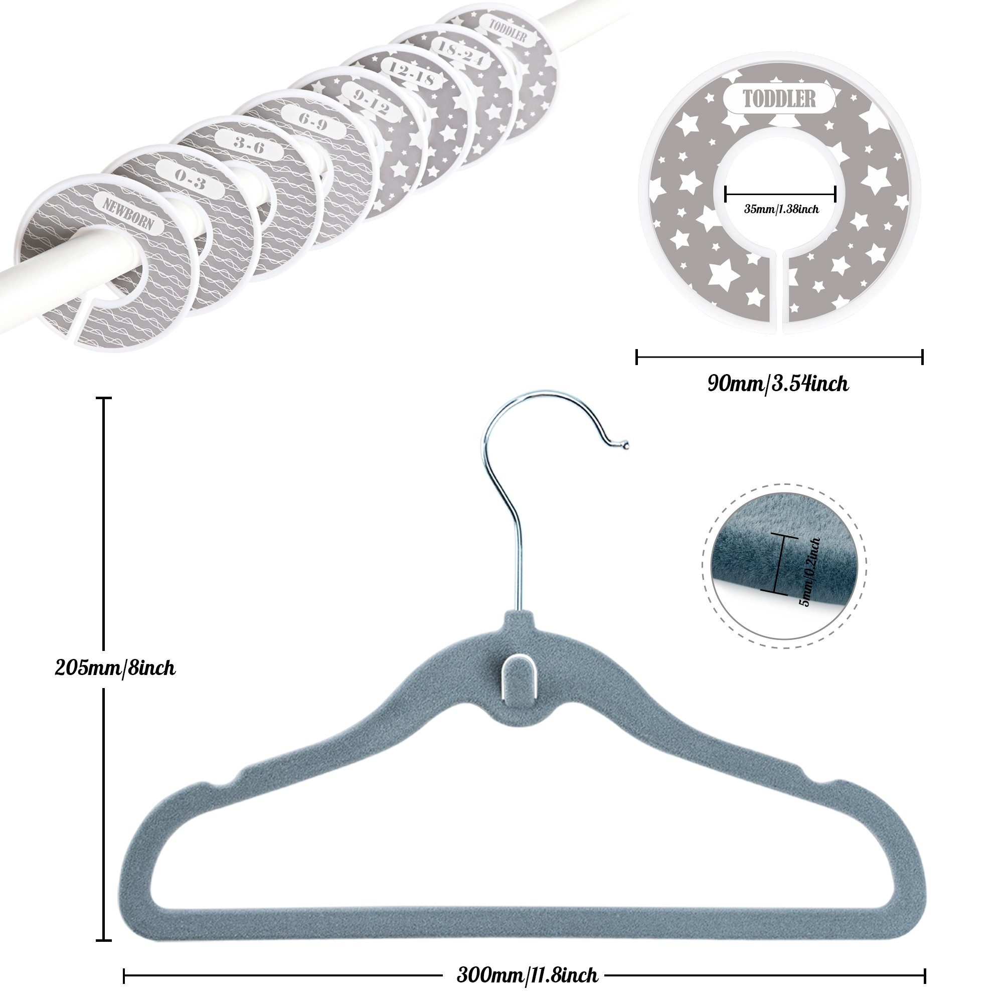 Homewit Mehrfach-Kleiderbügel Kinder Samt Kleiderbügel mit Haken und Kleiderschrank Trenner, (Set, 20-tlg), für Kinderkleidung, Babykleidung, Rock und Hose für Kinder