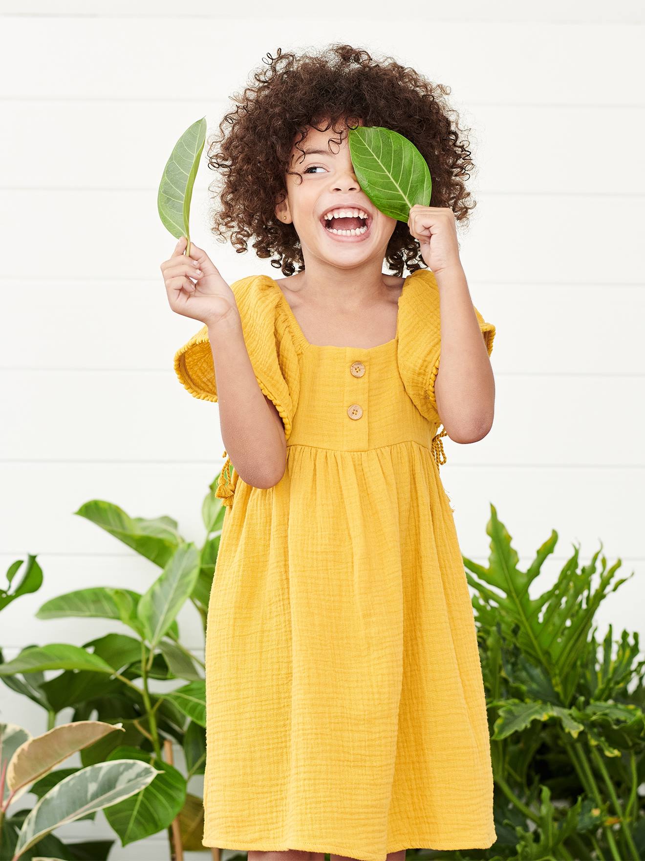 Robe en gaze de coton détails fantaisie fille moutarde