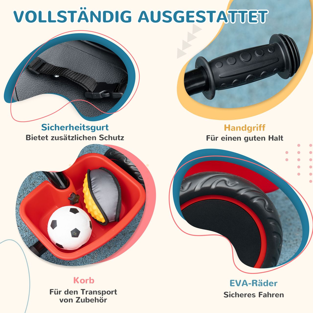 AIYAPLAY Dreirad Kinderfahrrad Kinderdreirad mit Beckengurt 2 Körben Schwarz Rot