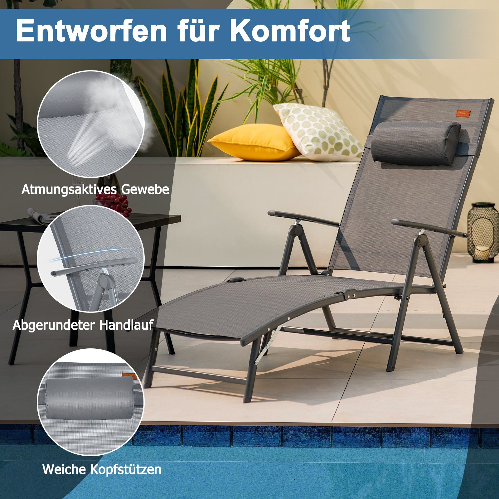 COSTWAY Gartenliege Sonnenliege, 7-fach verstellbar, mit Kopfstütze