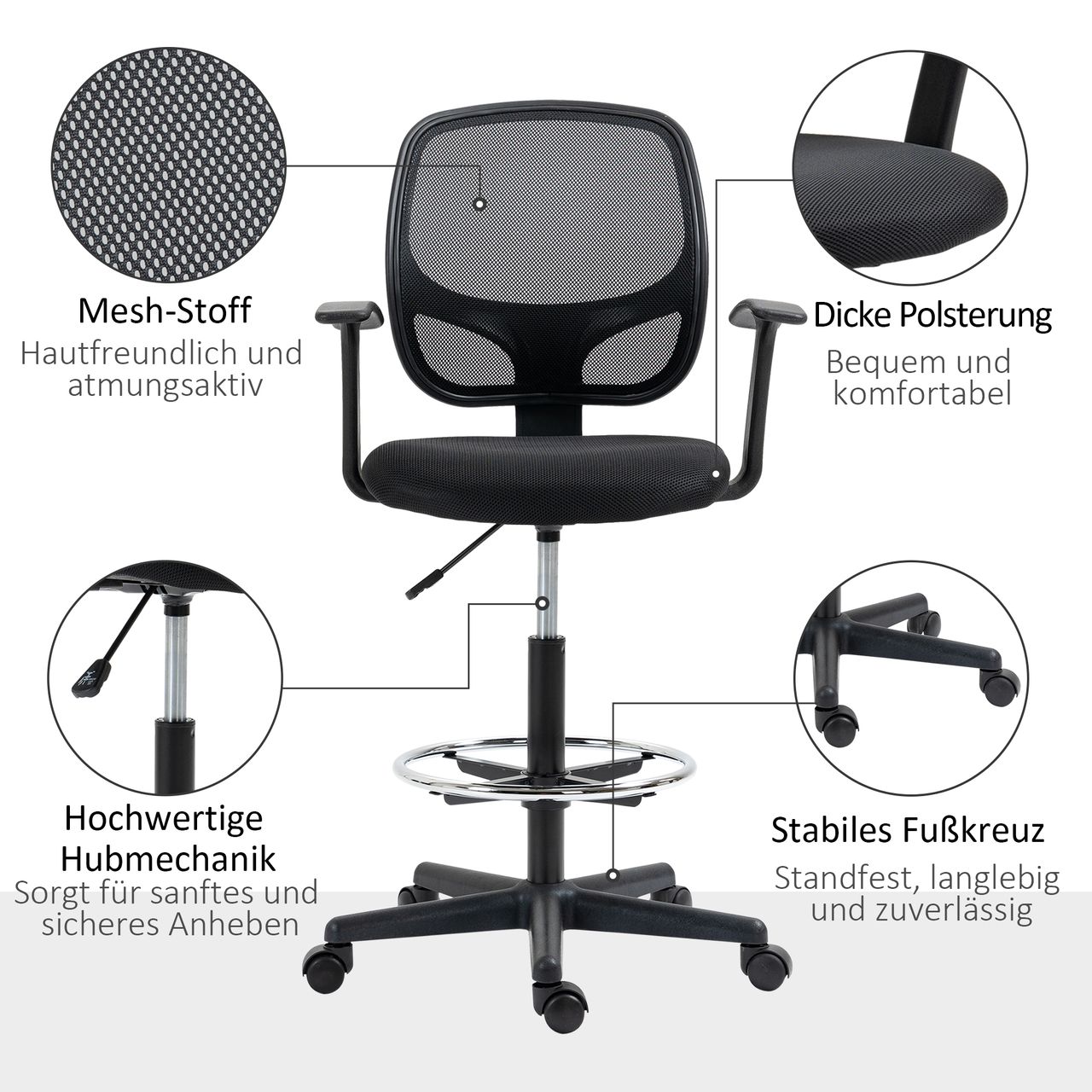Vinsetto Arbeitsstuhl Mesh Bürostuhl Ergonomischer Schreibtischstuhl Zeichenstuhl mit verstellbarem Fußring Höhenverstellbare Drehstuhl mit Rollen für Arbeitszimmer Schwarz 60 x 56 x 110-132 cm