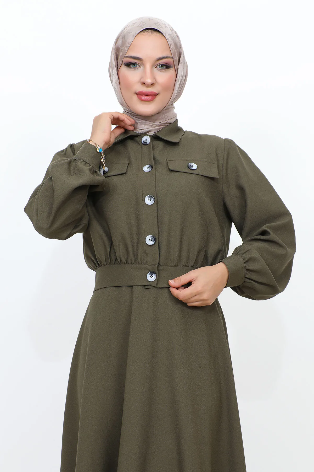 Tesettür Dünyası  Anzug mit geraffter Taille und Taschenrock TSD231201 Khaki