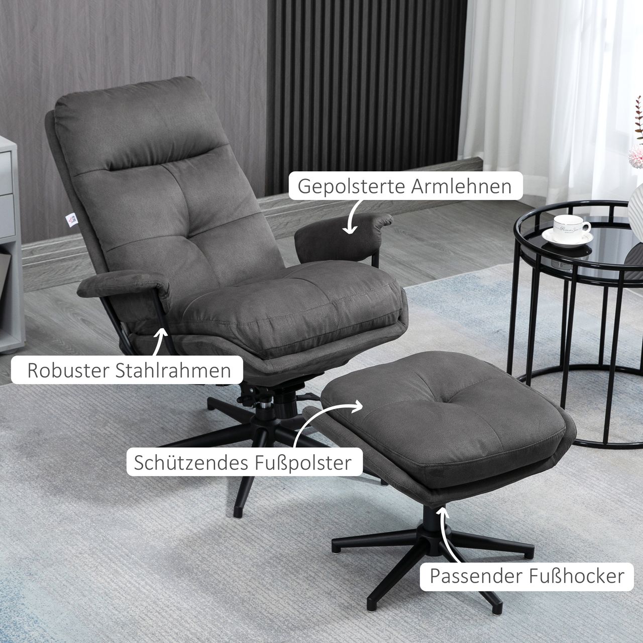 HOMCOM Relaxsessel mit Hocker, Drehbarem Fuß Fernsehsessel mit Liegefunktion