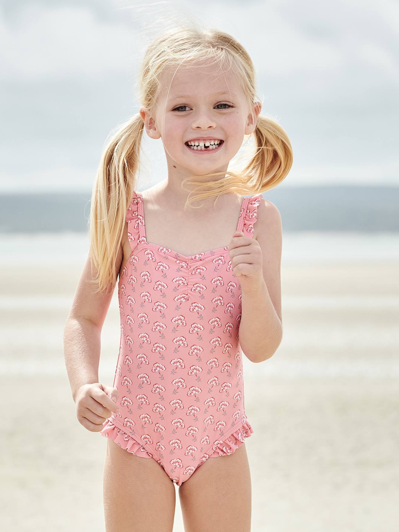 Maillot de bain 1 pièce imprimé et volanté fille rose bonbon