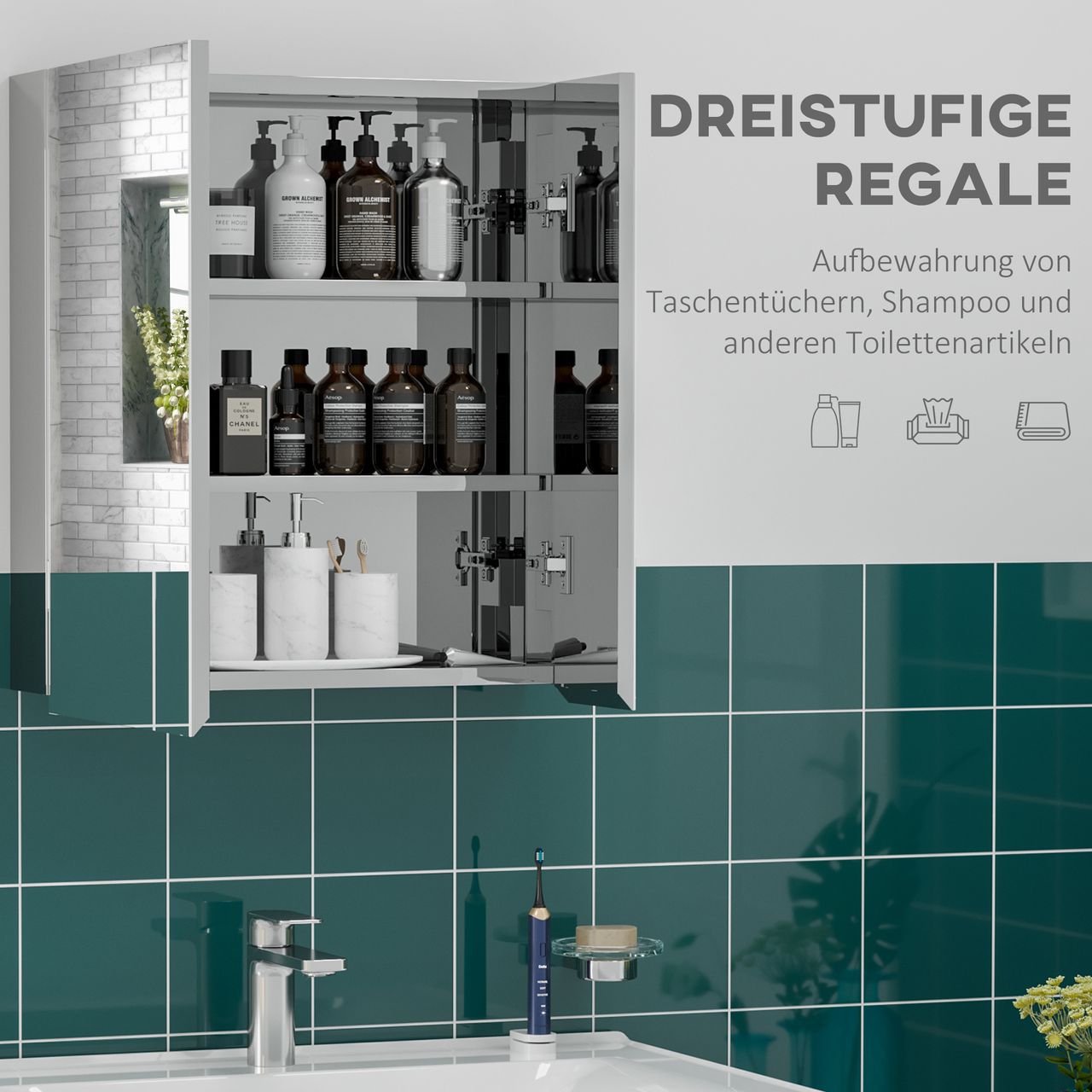 kleankin Spiegelschrank, Badspiegelschrank mit 3 Innenböden, Doppeltür, Silber