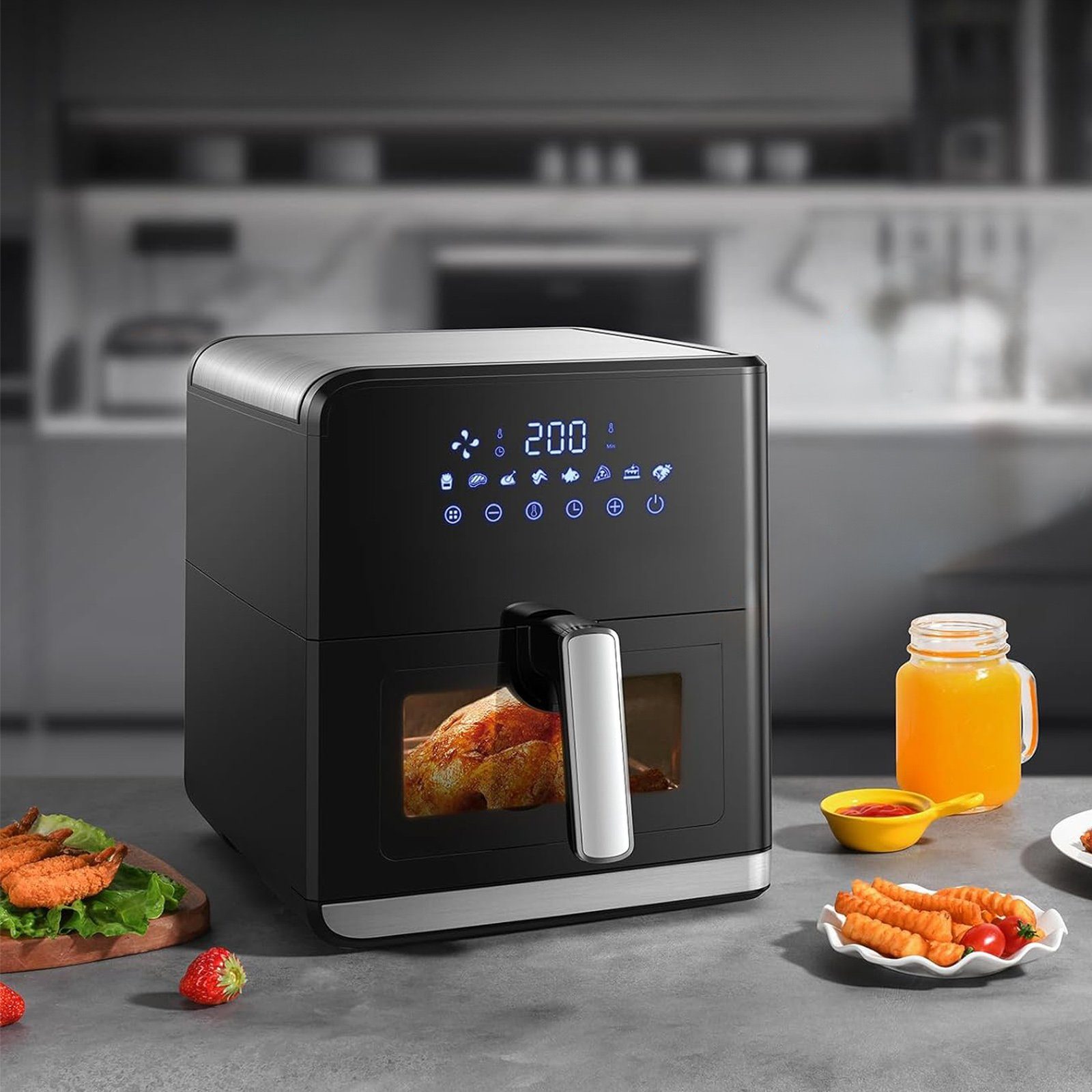 Sinaopus Heißluftfritteuse 7,5L Mini Backofen Airfryer XXL,8 Programmen, LED-Anzeige, 1700,00 W, Einstellbare Temperaturregelung, Sichtbares Sichtfenster