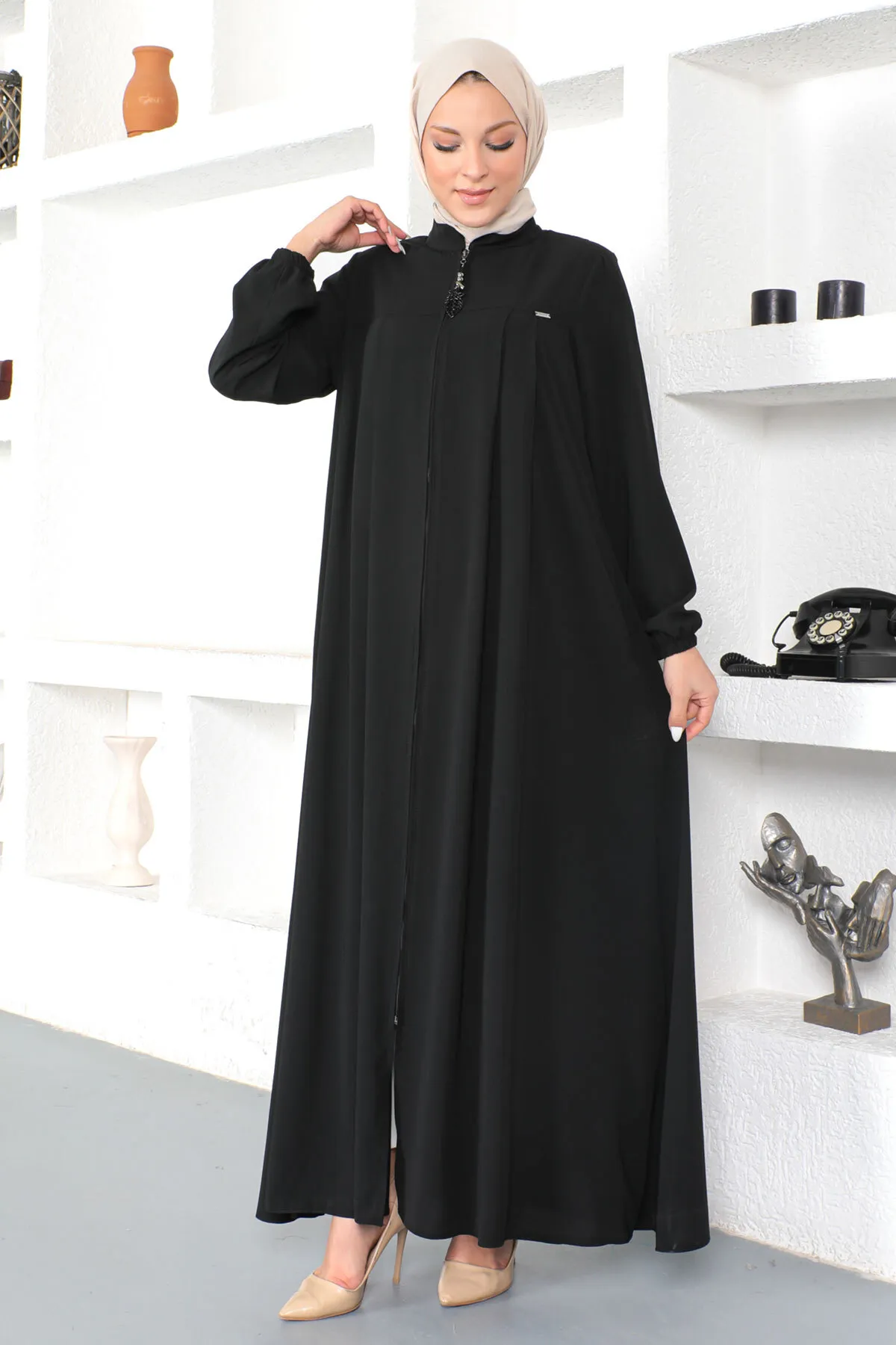 Tesettür Dünyası  Hijab Abaya mit elastischen Ärmeln Tsd230334 Schwarz