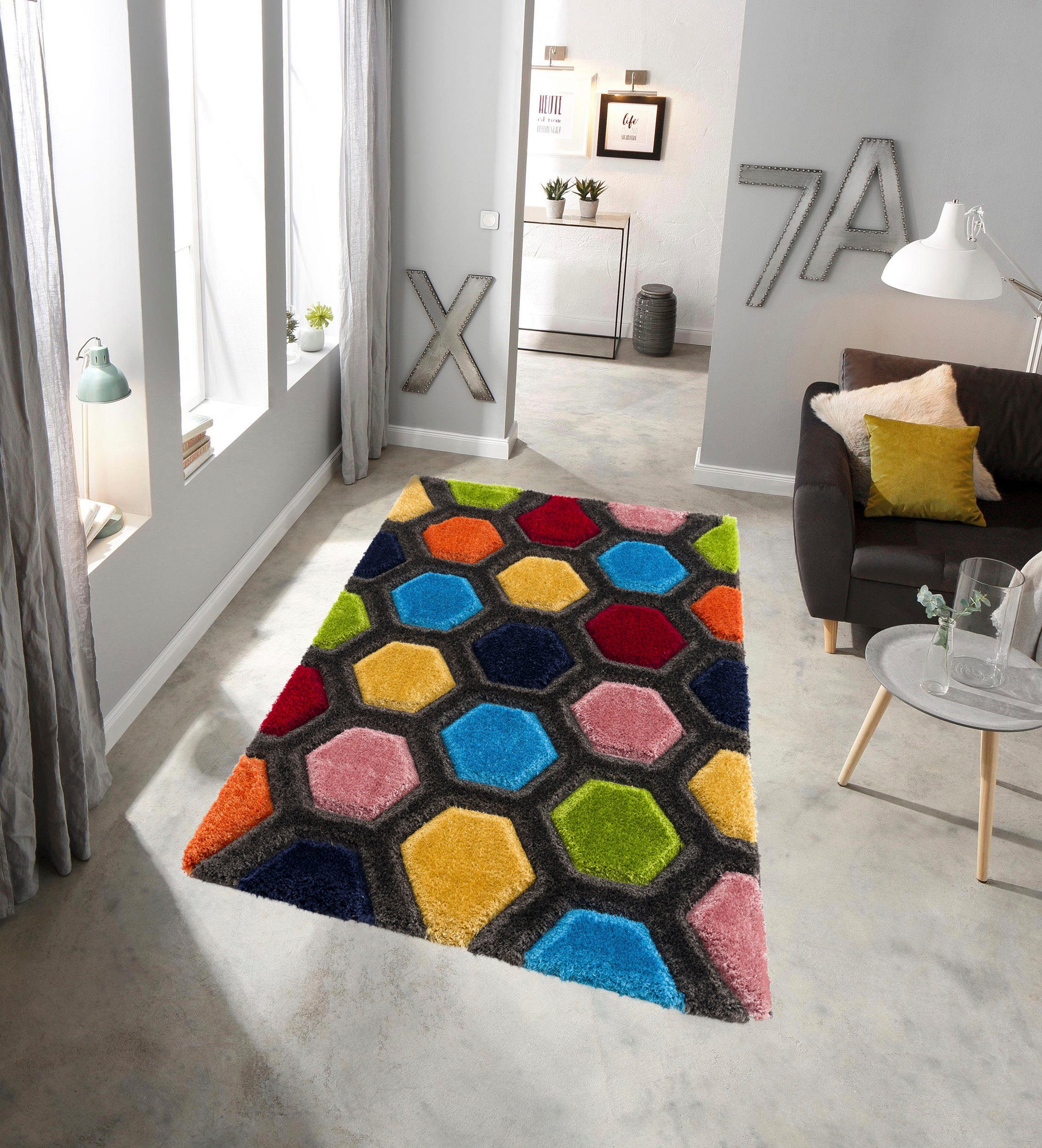 Hochflor-Teppich Bras, my home, rechteckig, Höhe: 43 mm, modernes 3D-Design, bunter Teppich