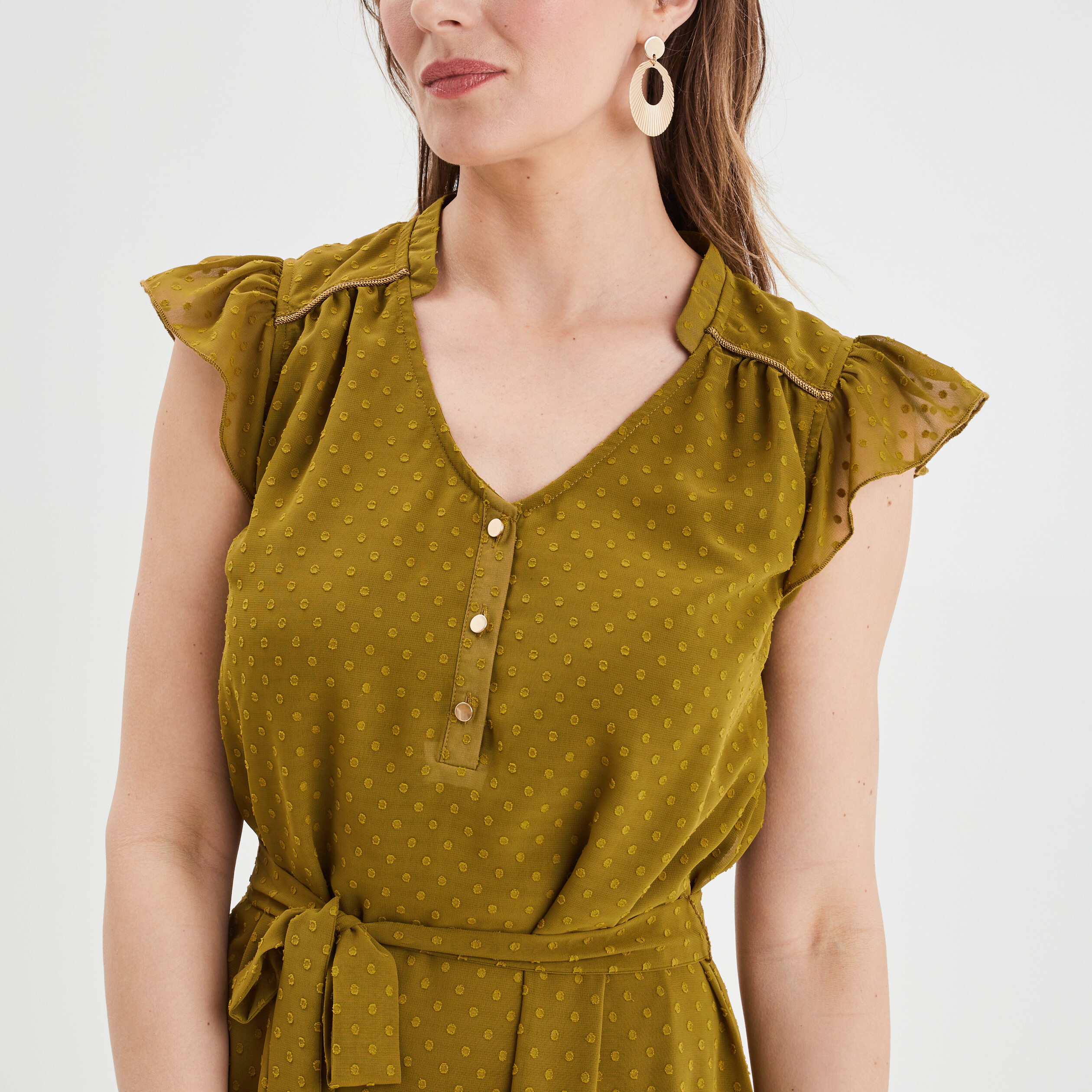Robe plumetis droite ceinturée vert olive femme | La Halle
