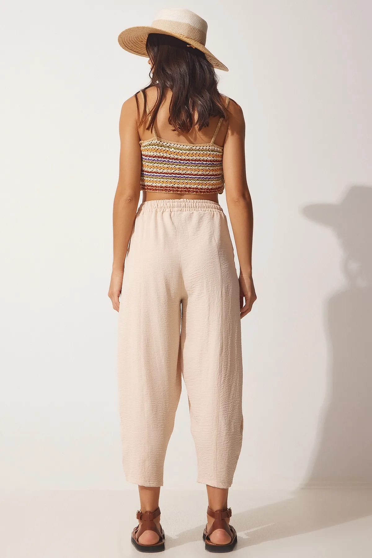 Happiness İstanbul  Shalwar-Hose aus hellcremefarbenem Leinen für Damen CI00036
