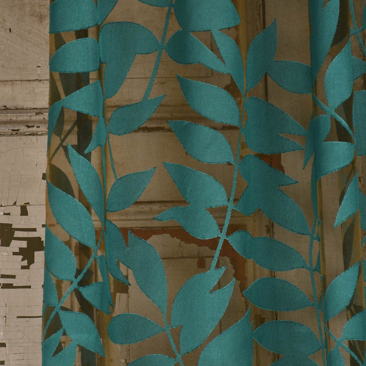 Meterware Rasch Textil Stores Ausbrenner Sri Lanka Blätter petrol bronze 300cm, halbtransparent, Viskose, überbreit