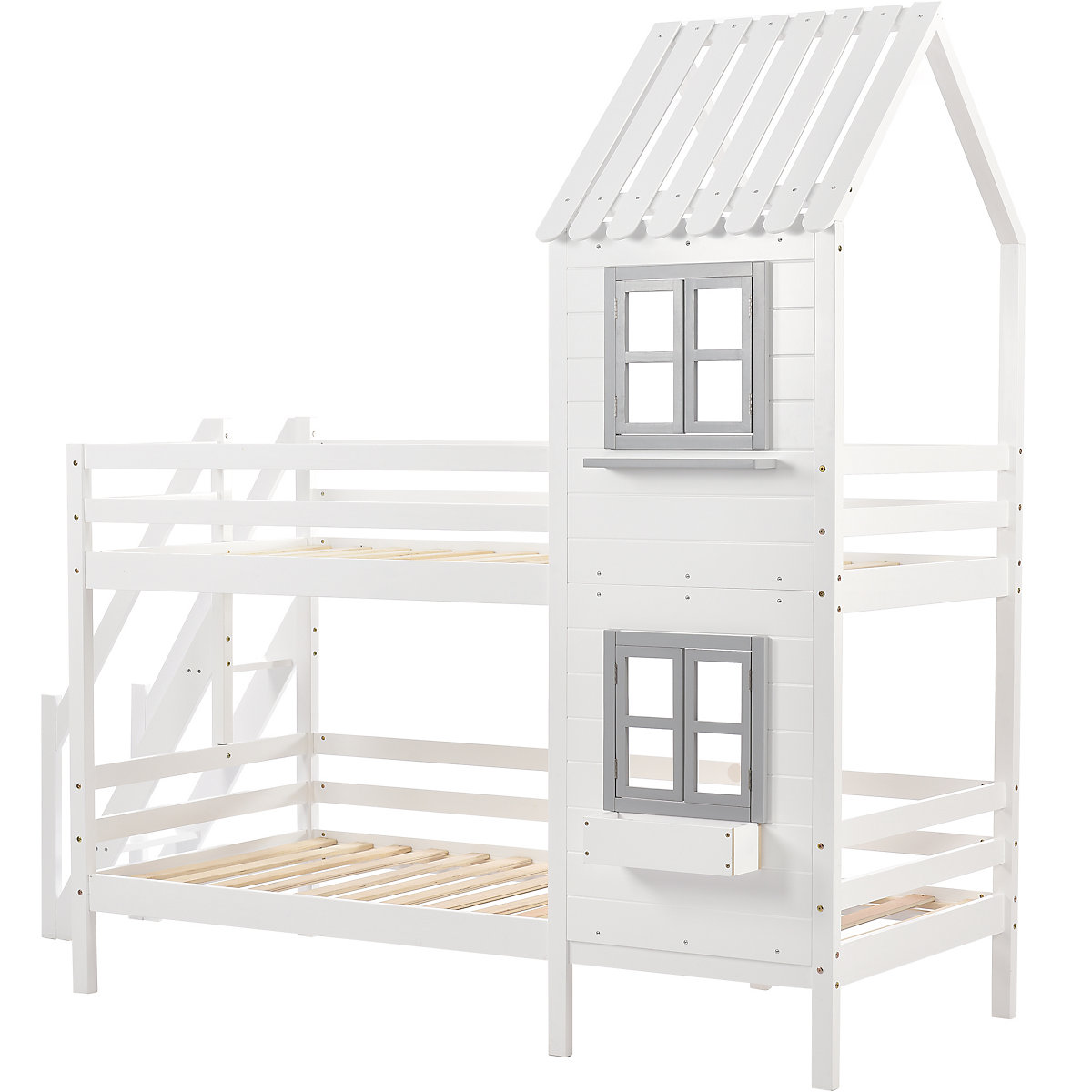 Etagenbett mit Handlauf und Fenster, Hausbett, Fallschutz und Gitter, Kiefer