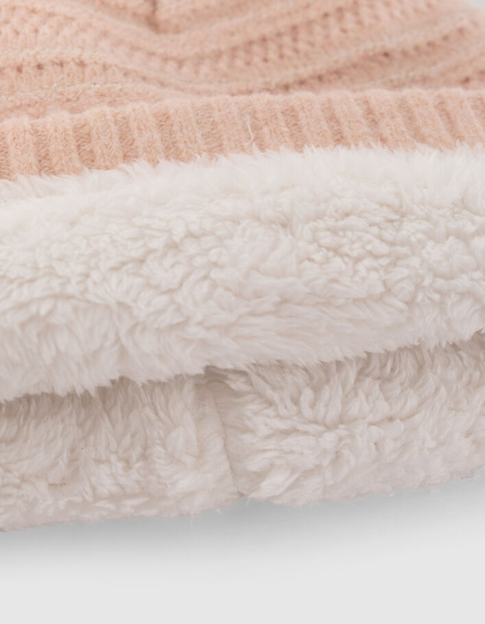 Bonnet rose tricot fantaisie lurex badge bronze fille