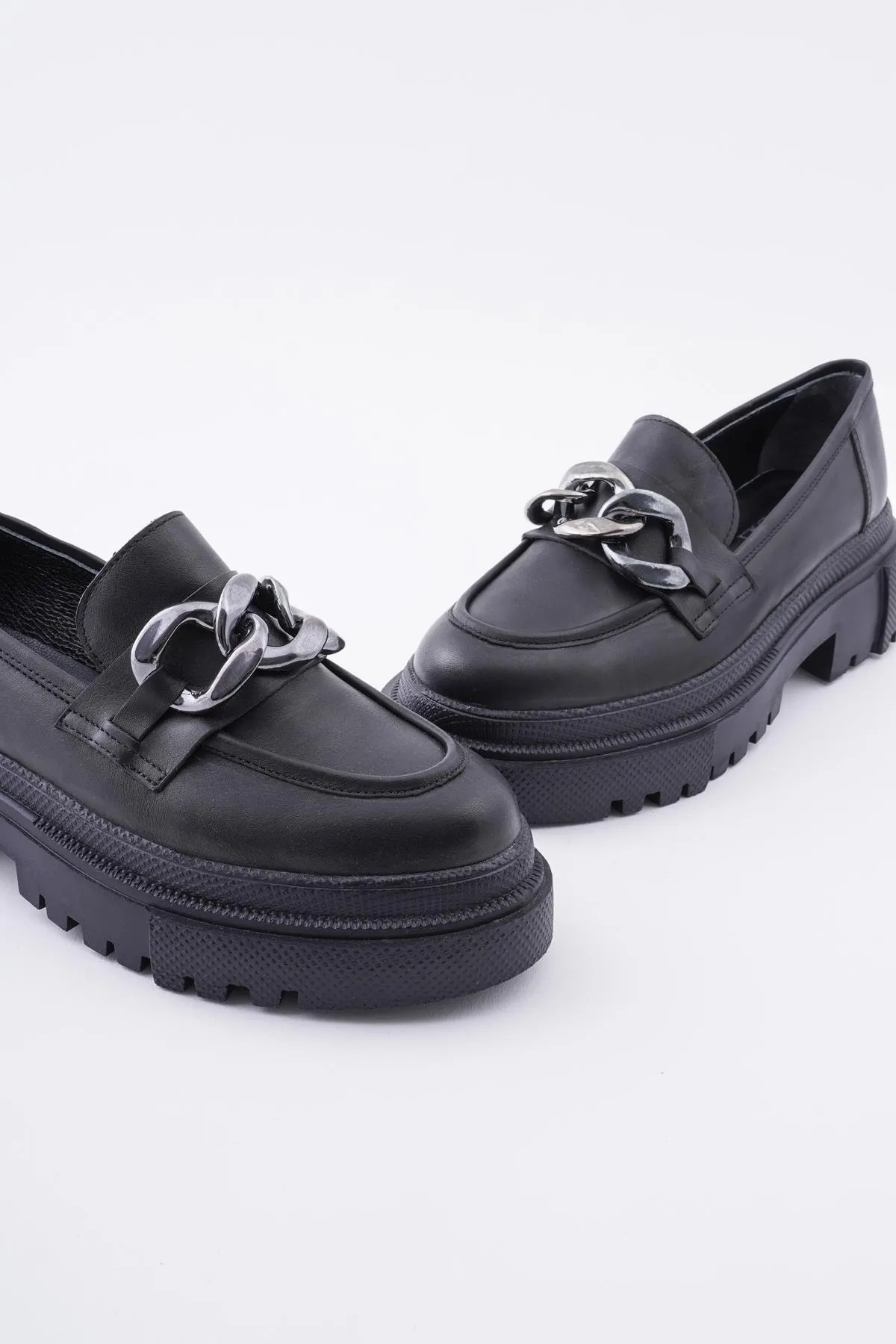 CZ London  Loafer-Schuhe aus echtem Leder für Damen mit Kette und dicker Sohle