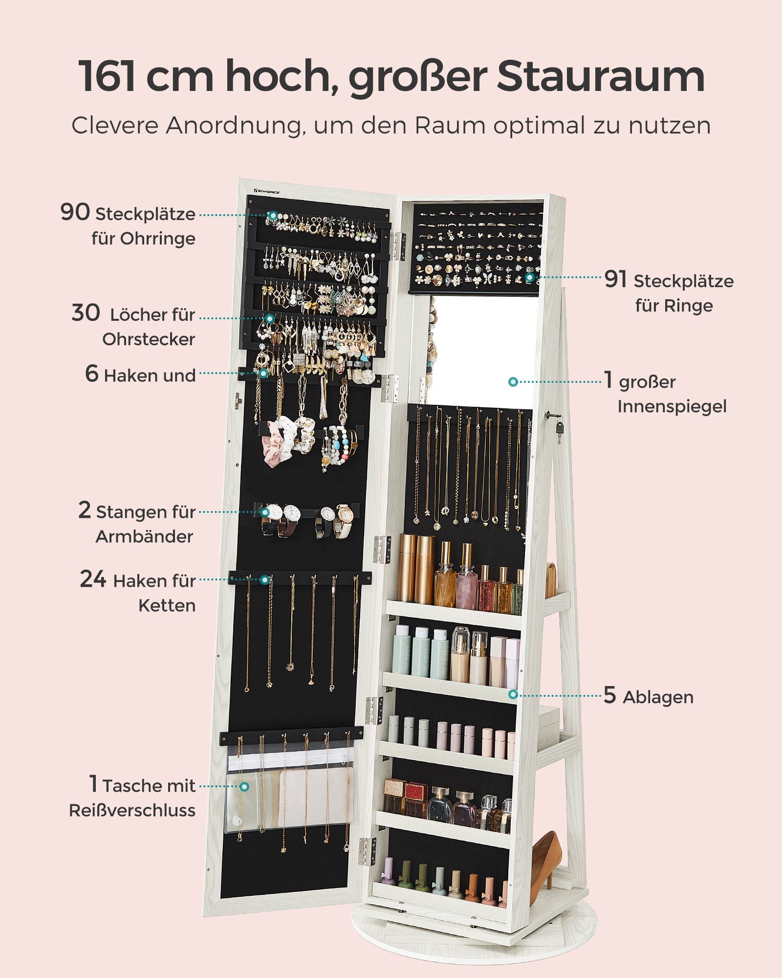 SONGMICS Schmuckschrank Spiegelschrank Schlüsseln, Geschenkidee, 3 Ablagen