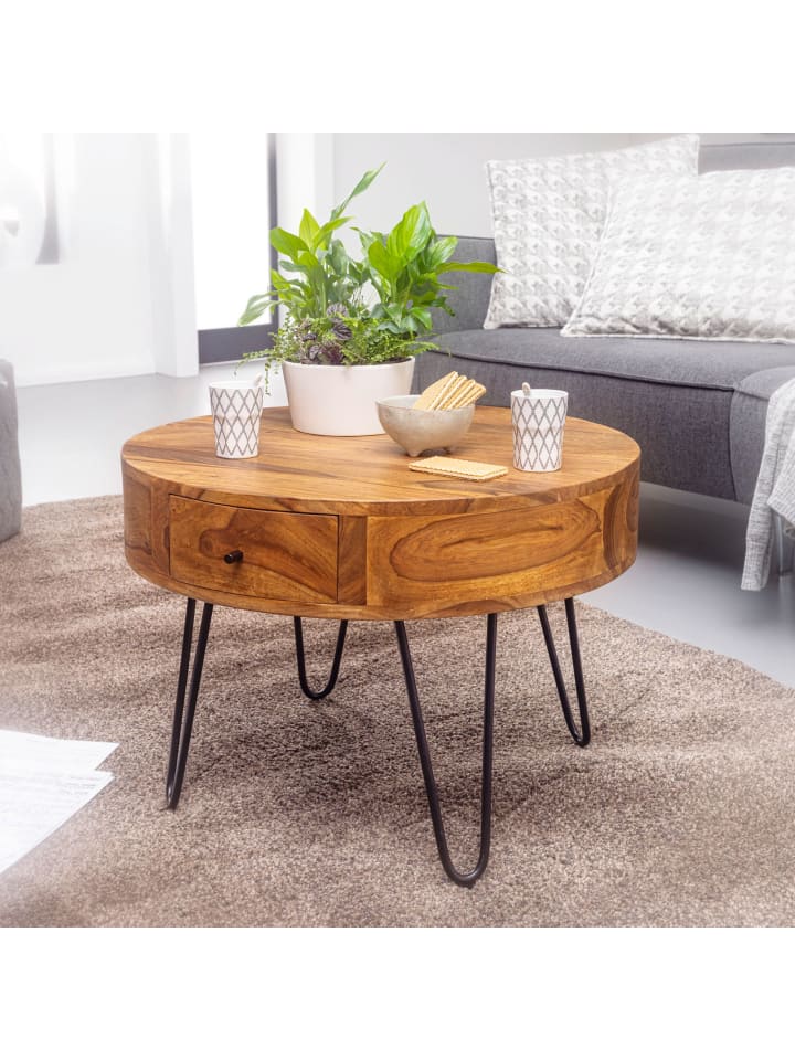 KADIMA DESIGN Couchtisch | Sheesham Massiv, Schubladen, Vintage, Rund günstig kaufen onesize