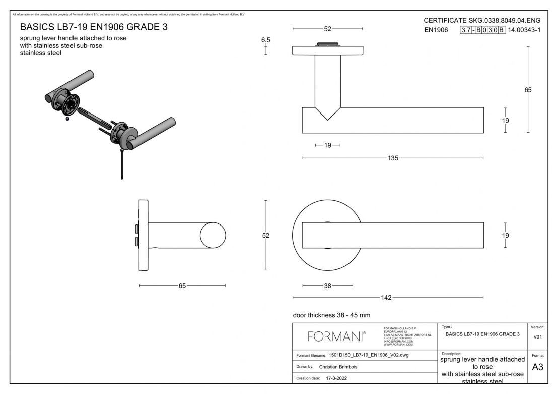 Formani 1501D150BRXX0 BASICS LB7-19 Türgriff EN1906 Klasse 3, gefedert auf Bronzerosette