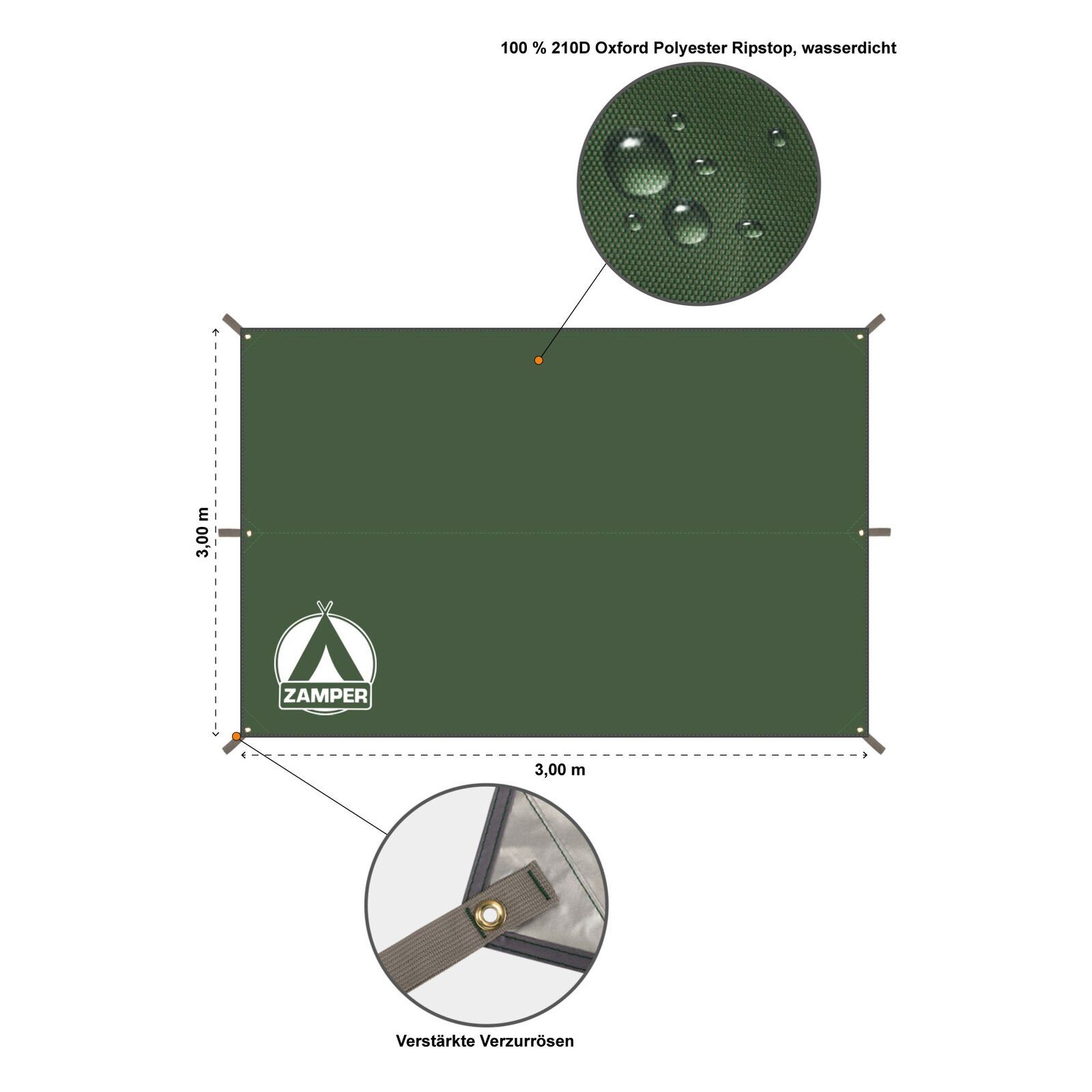 Zamper Tarp-Zelt Tarp Zeltplane 3x3m Wasserdicht – Camping Sonnensegel für Sonnenschutz, Personen: 2 (Zelt-Planen Set mit 6 Heringen und Abspannseilen), Wasserdichte 210D Oxford Ripstop Tarp Plane mit UV-Schutz