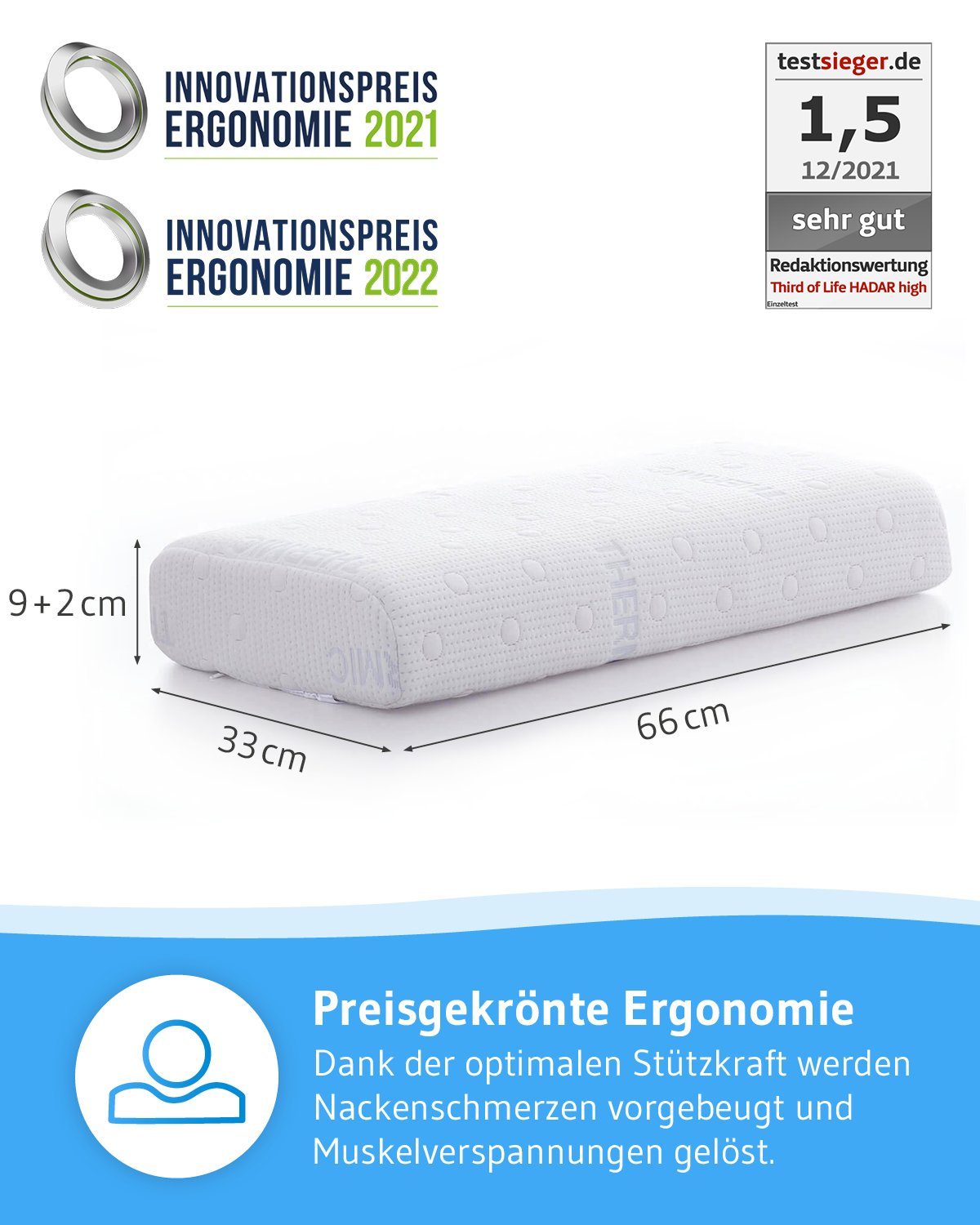 Nackenstützkissen HADAR Nackenstützkissen, Third of Life, Bezug: Thermic, Seitenschläfer,Rückenschläfer, Höhenverstellbar, Visco-Schaumkissen für Seitenschläfer/Rückenschläfer