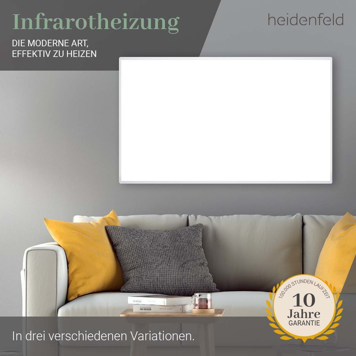 Heidenfeld Infrarotheizung 300 - 1200 Watt Infrarotheizung HF-HP100-1, 10 Jahre Garantie, Infrarot Wandheizung Elektroheizung Heizung Heizkörper mit Stecker