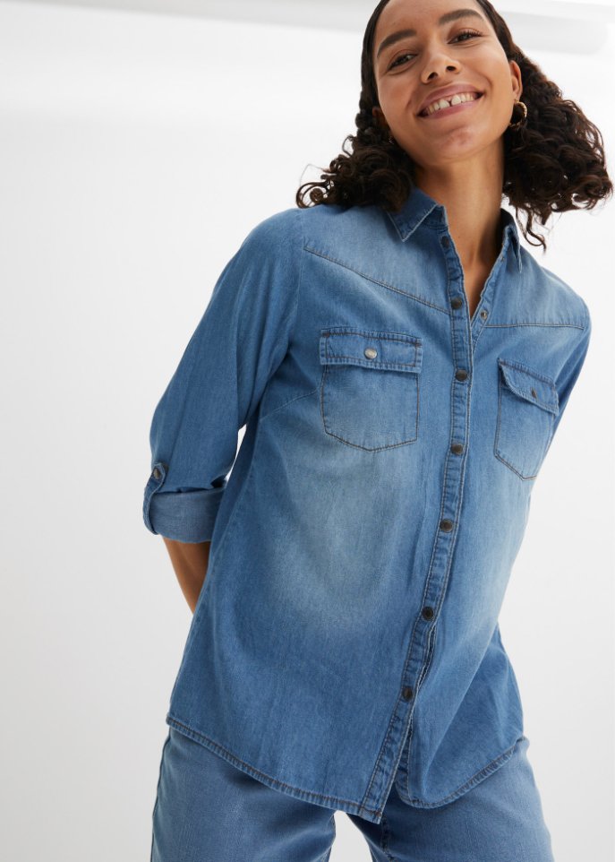 Jeansbluse mit Druckknöpfen, Langarm