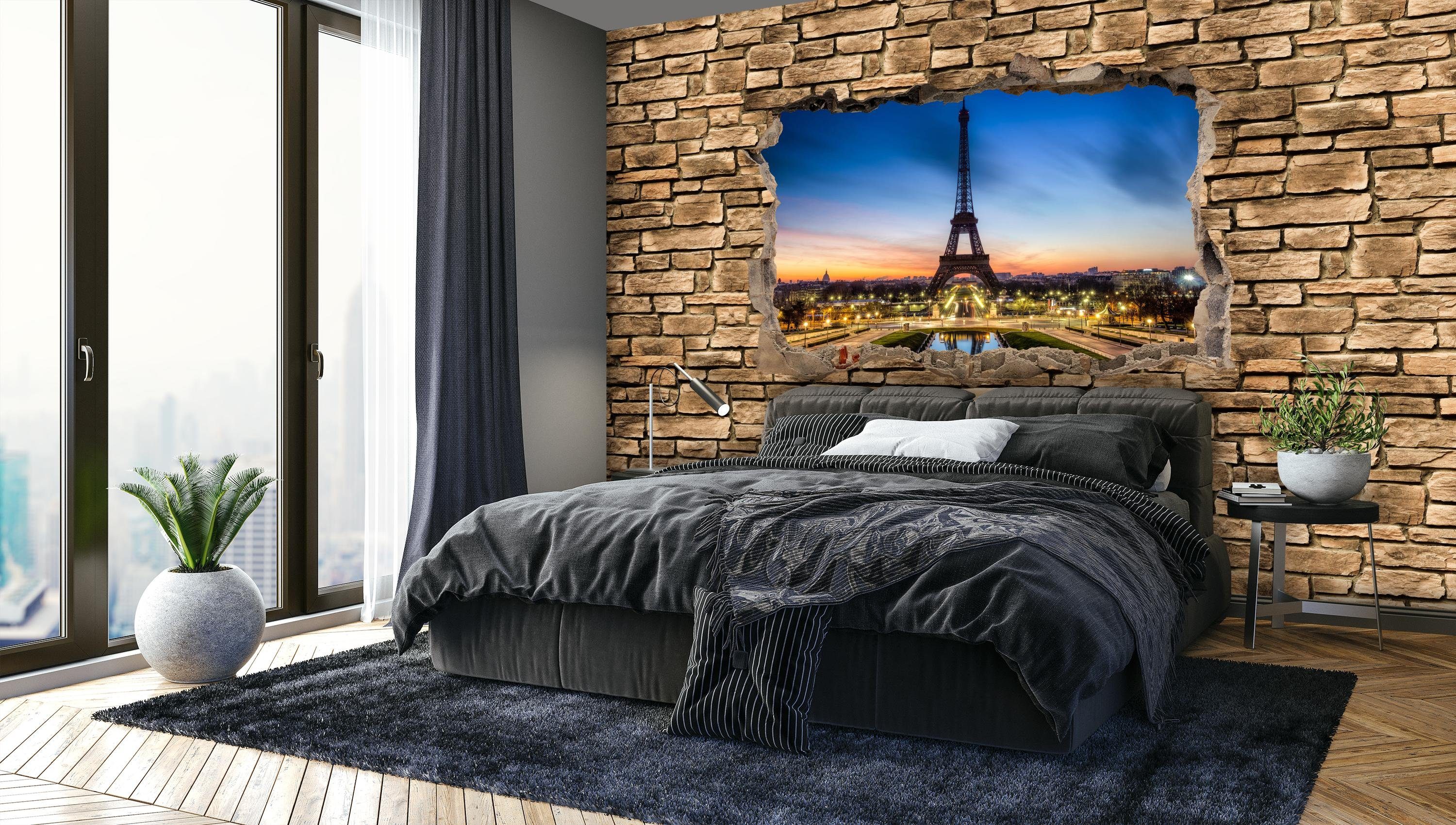 wandmotiv24 Fototapete 3D Eiffelturm bei Nacht Frankreich - Steinmauer, glatt, Wandtapete, Motivtapete, matt, Vliestapete