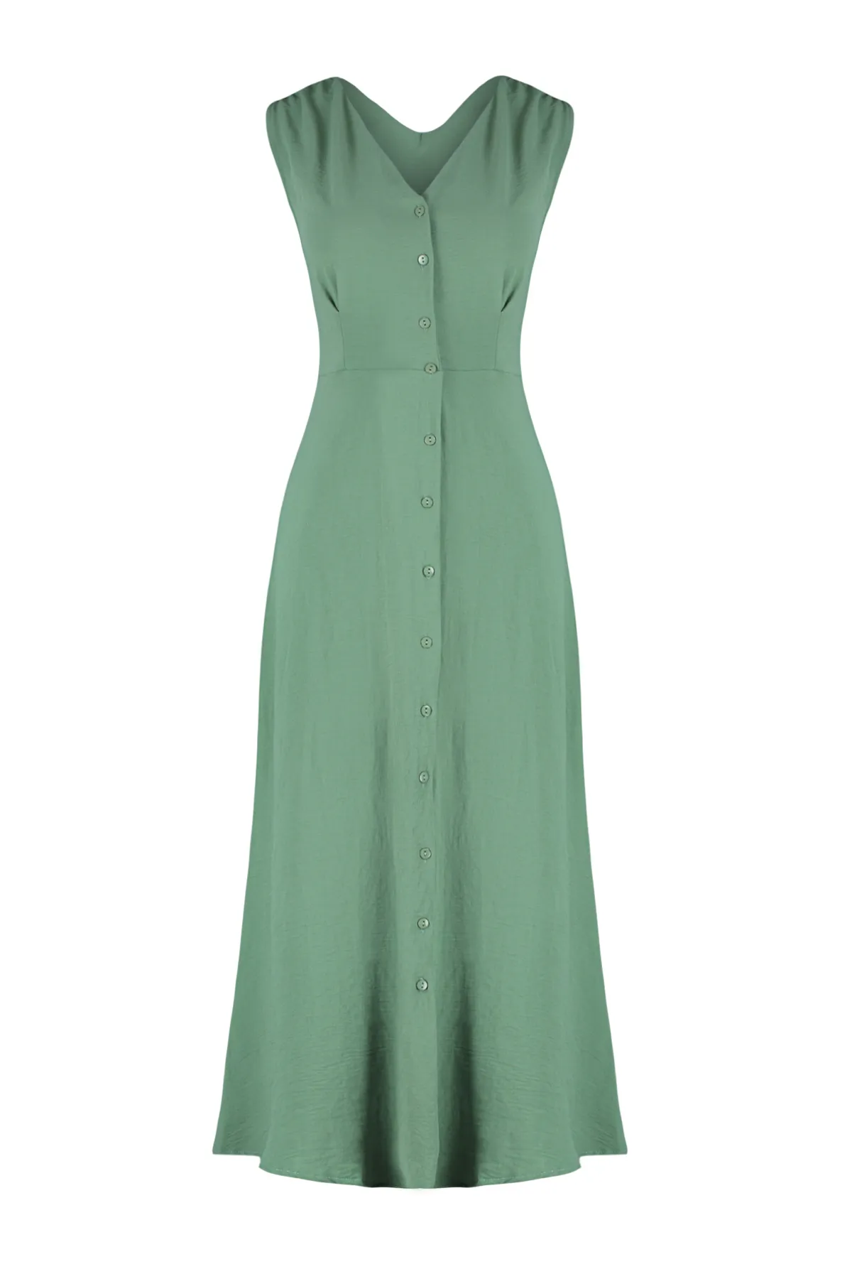 Trendyol Collection  Khakifarbenes, gewebtes Midi-Hemdkleid mit Knöpfen TWOSS24EL00442