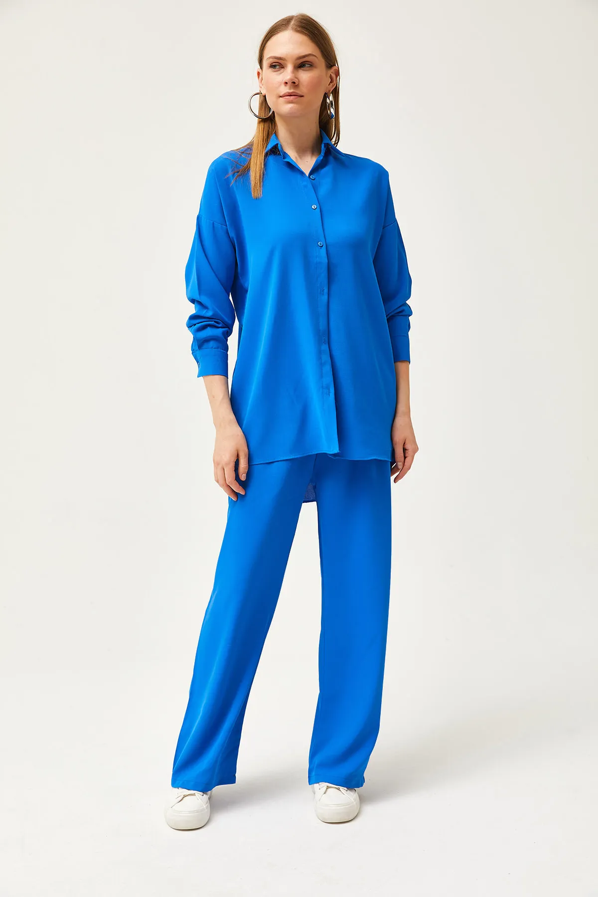 Olalook  Damen Saks Blau Drapiertes Hemd Hosen Set TKM-19000283