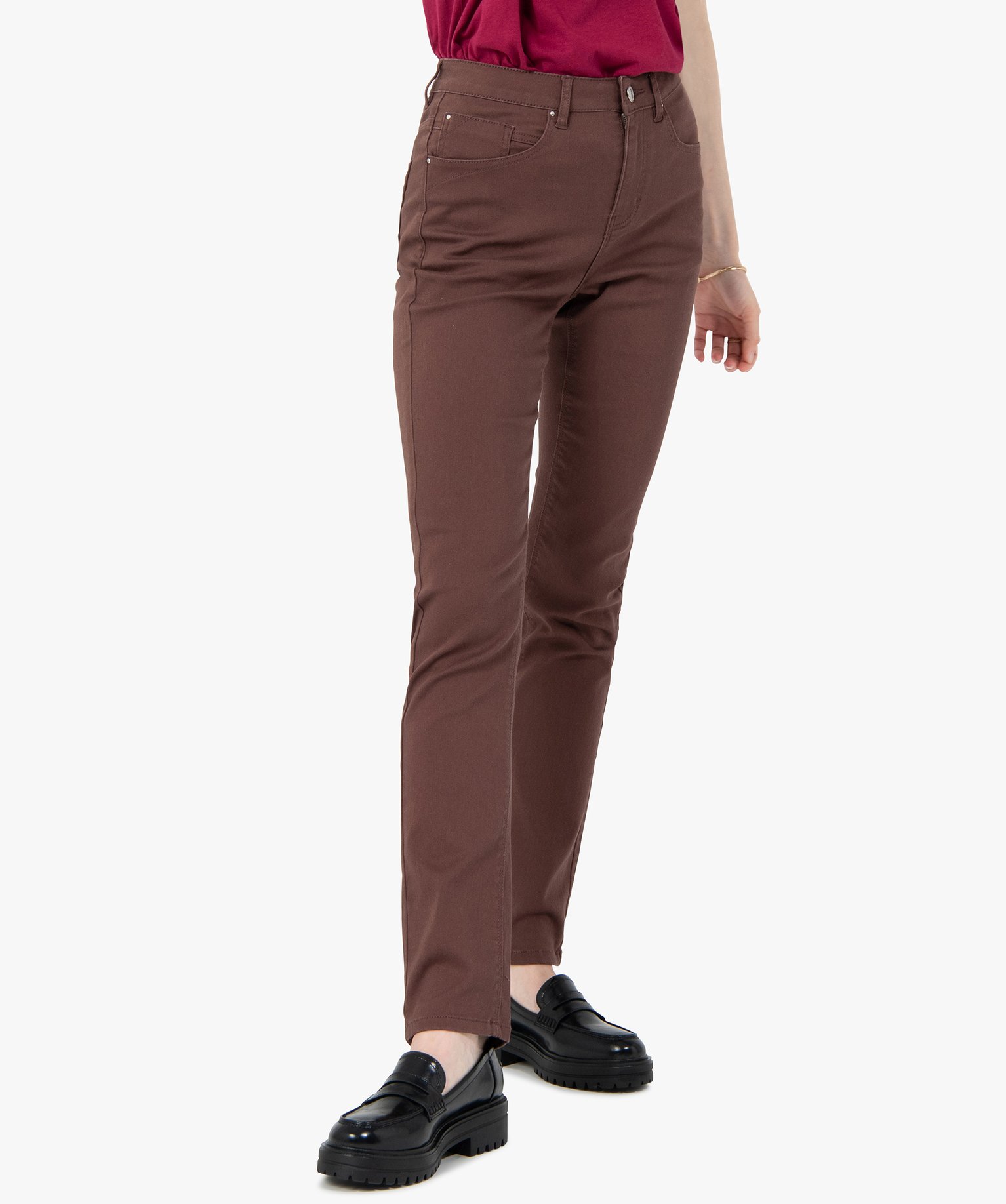 Pantalon femme en coton stretch coupe Regular marron | GEMO