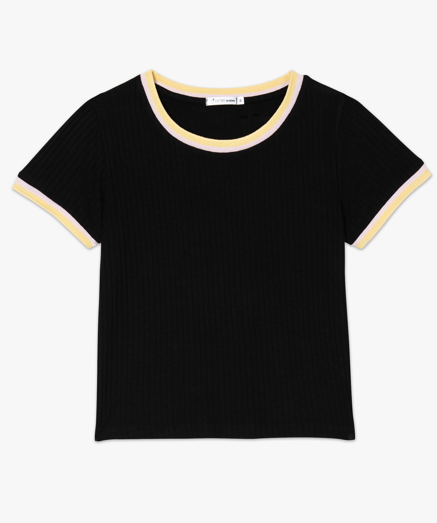Tee-shirt femme courte à ctes et finitions bicolores noir | GEMO