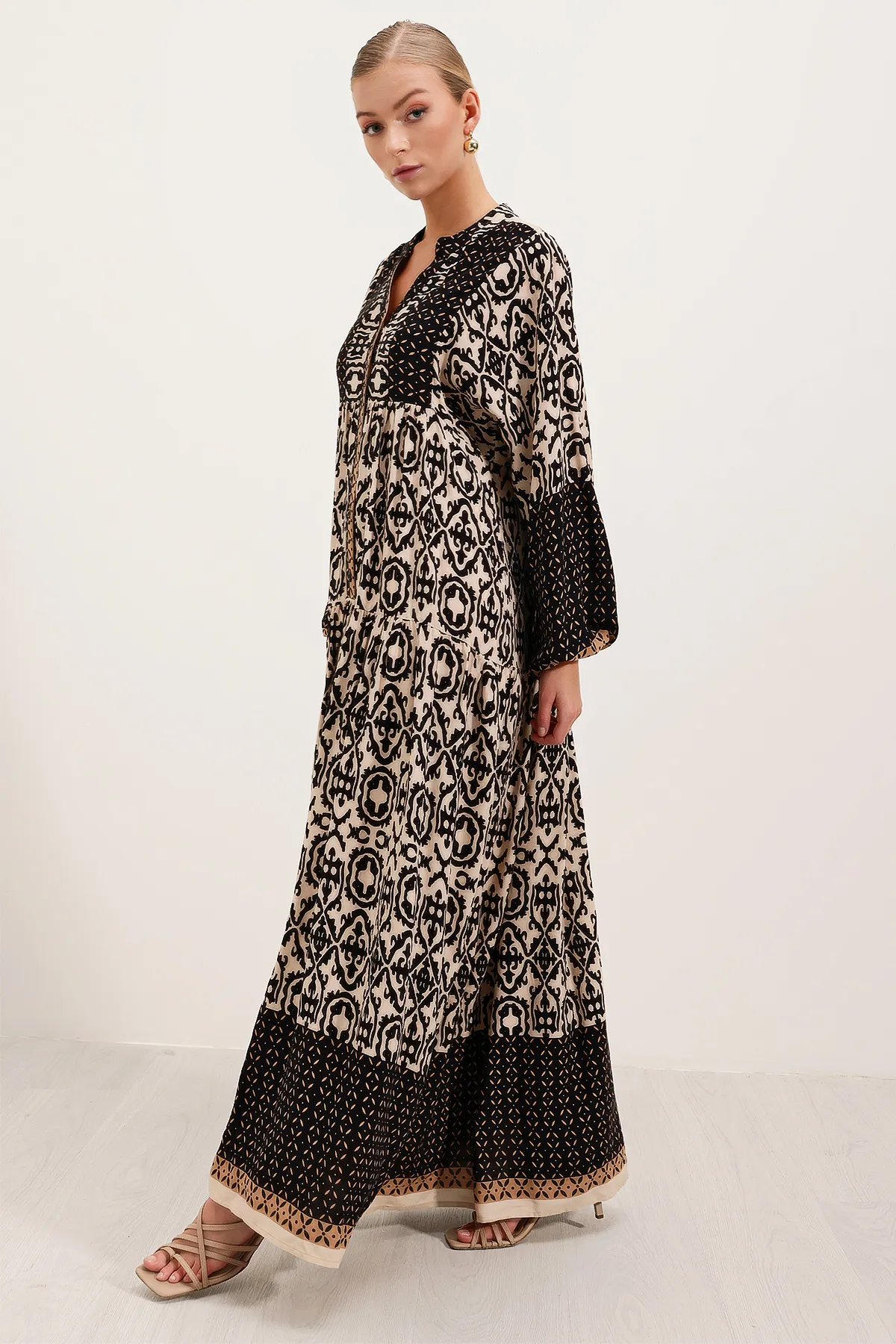 Bigdart  Schwarz-beige gemustertes Viskose-Hijab-Kleid für Damen 2423