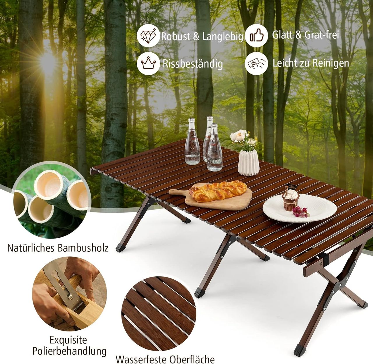 Costway Aufrollbarer Campingtisch aus Bambus